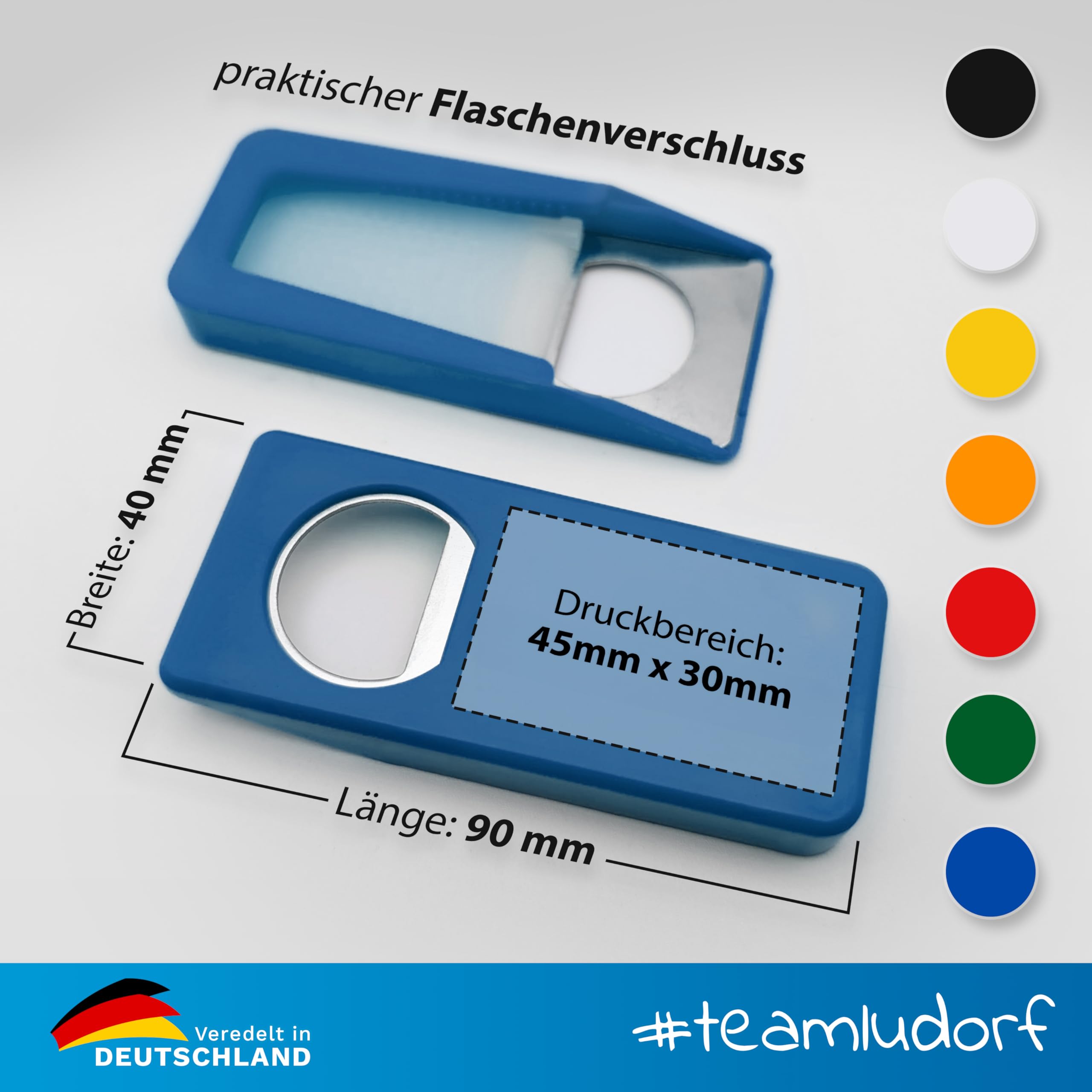 Personalisierte Flaschenöffner mit Verschluss (100 Stück, Blau) – Mit eigenem Foto, Logo & Text bedruckbar – Nachhaltig aus Recycling-Kunststoff