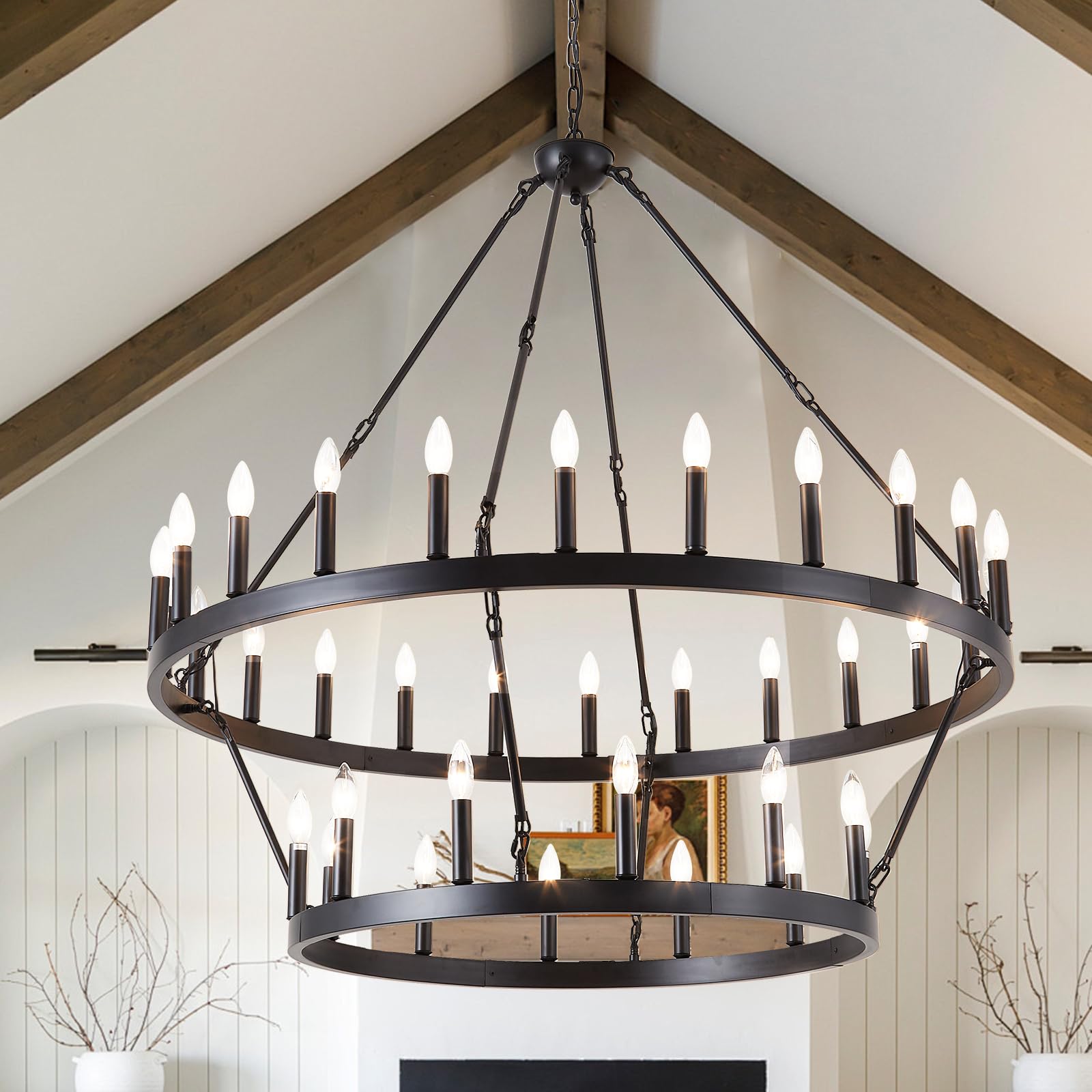 BAOURE Black Wagon Wheel Chandelier 2 Tier 48 Inch-36 Light, Large Black Chandeliers for High Ceilings,Modern Farmhouse Chandelier for Living Room