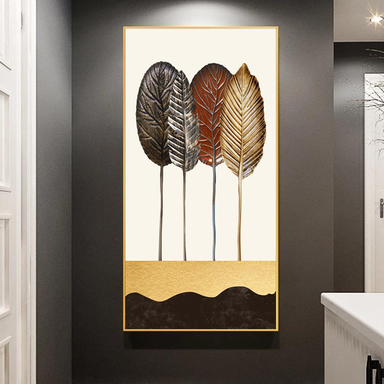 Impresiones en lienzo Carteles de hojas doradas Imágenes artísticas de pared para sala de estar Decoraciones de interior Hogar moderno Pintura de pared nórdica Marco interior de 80x160 cm