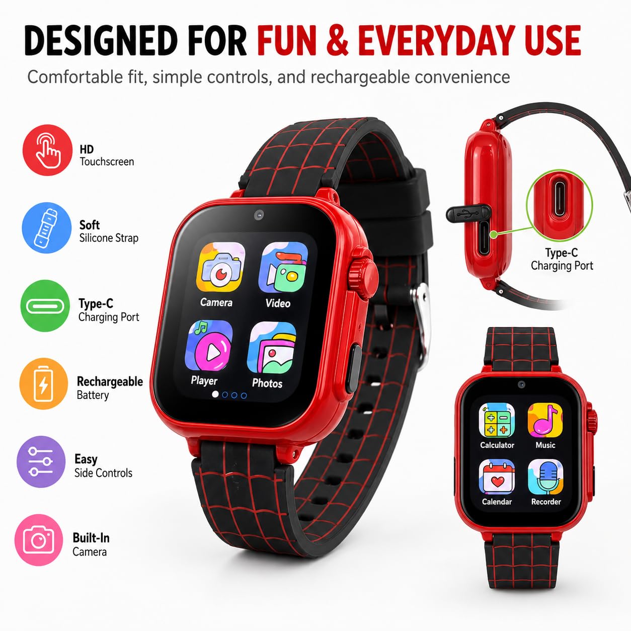 Orologio intelligente per bambini, motivo: ragnatela rossa, con fotocamera