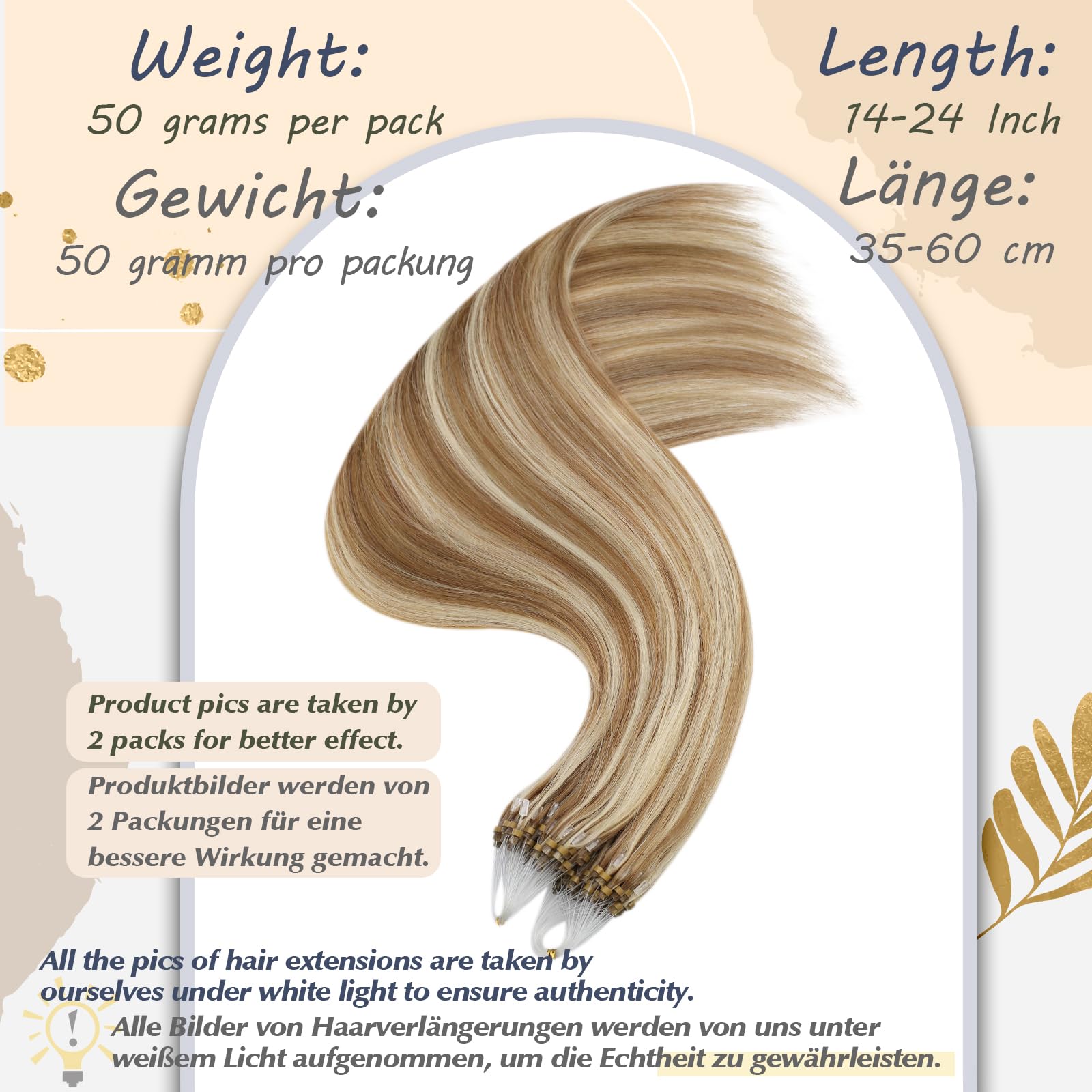 Ugeat 24 Inch Micro Beads Hair Extensions Real Human Hair Golden Brown Micro Ring Human Hair Extensions Highlights Bleach Blonde 50G/50S #10/613 - Image 4