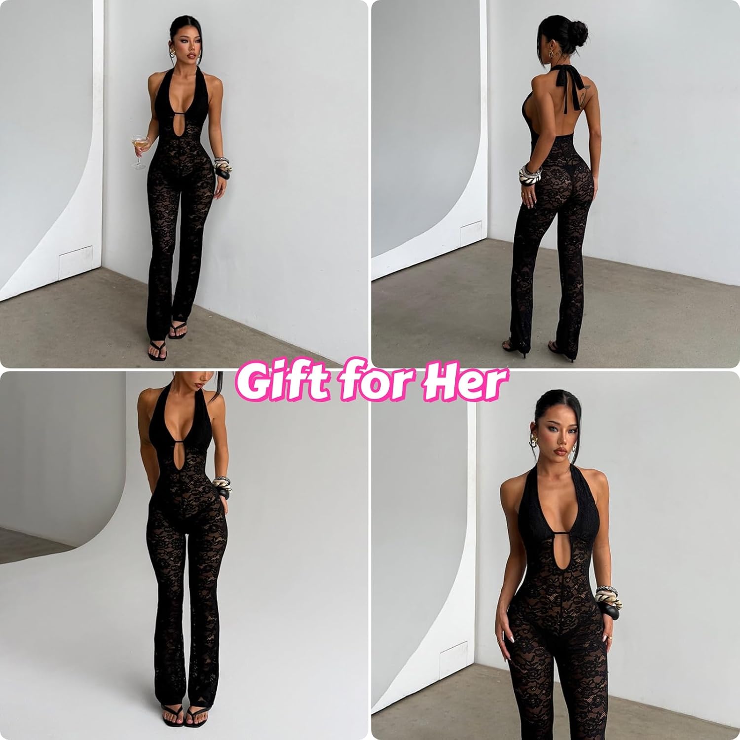 Coquette Lace Halter Jumpsuit for Women, Sexy Cutout One Piece Bodycon Romper, Sheer Floral Lace Cute Party Outfit