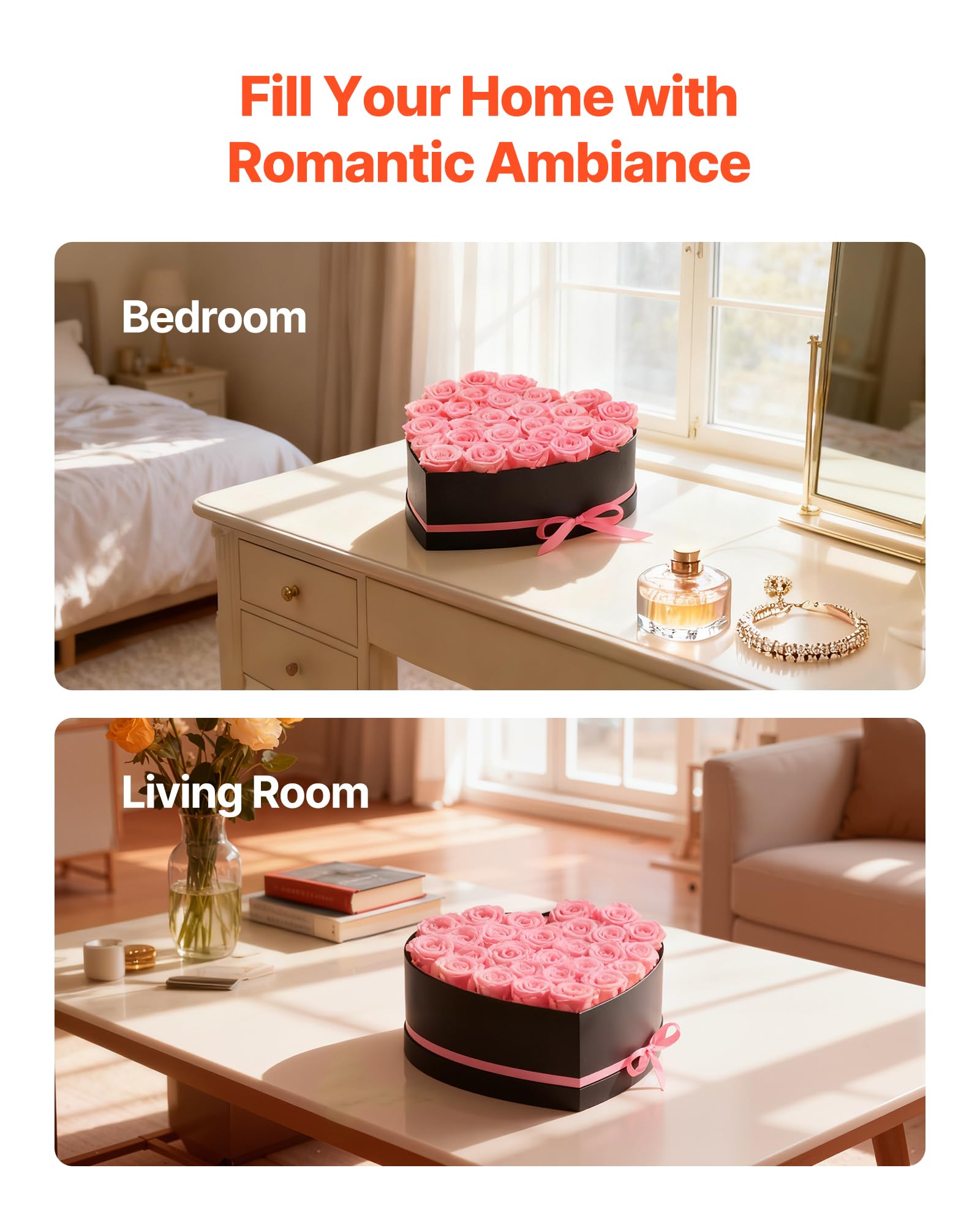 VEVOR 27 Rosas Eternas en Caja con Forma de Corazón, Ramo de Flores Preservadas, Caja de Regalo de Flores para Esposas, Madres, Amantes, para Bodas, Día de la Madre, San Valentín, Navidad, Rosa