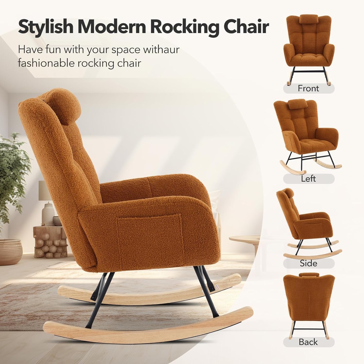 Fauteuil a Bascule, Fauteuil Allaitement pour Salon,Fauteuils Rembourrés en Peluche avec Dossier Haut, Cadre en Métal et Bois avec Poches Latérales,pour la Nurserie,Chambre, Marron