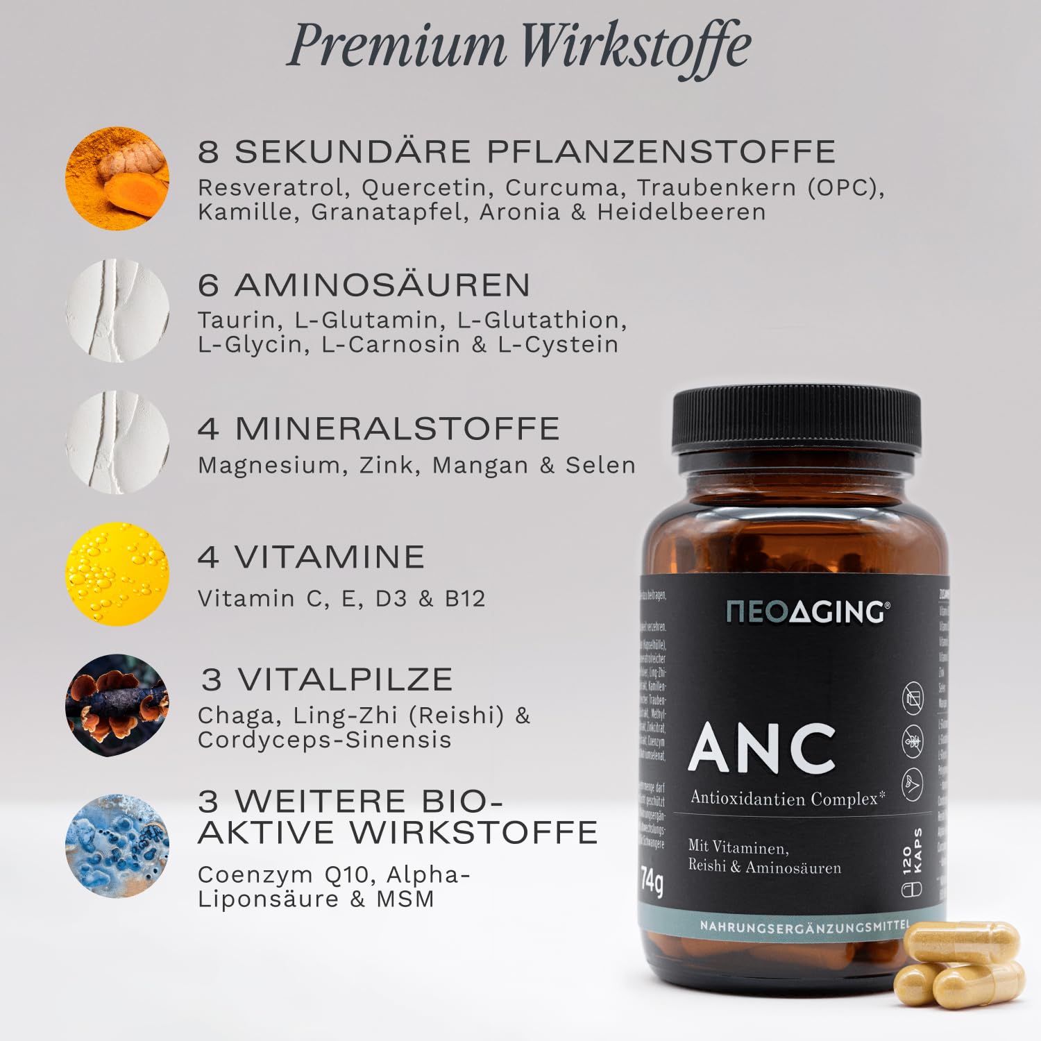 NEOAGING Antioxidantien Complex - Komplex mit über 25 Inhaltsstoffen - mit Quercetin, Reishi, MSM, Glycin, Resveratrol & Curcumin - vegan & ohne Zusatzstoffe - Vorratspack mit 120 Kapseln