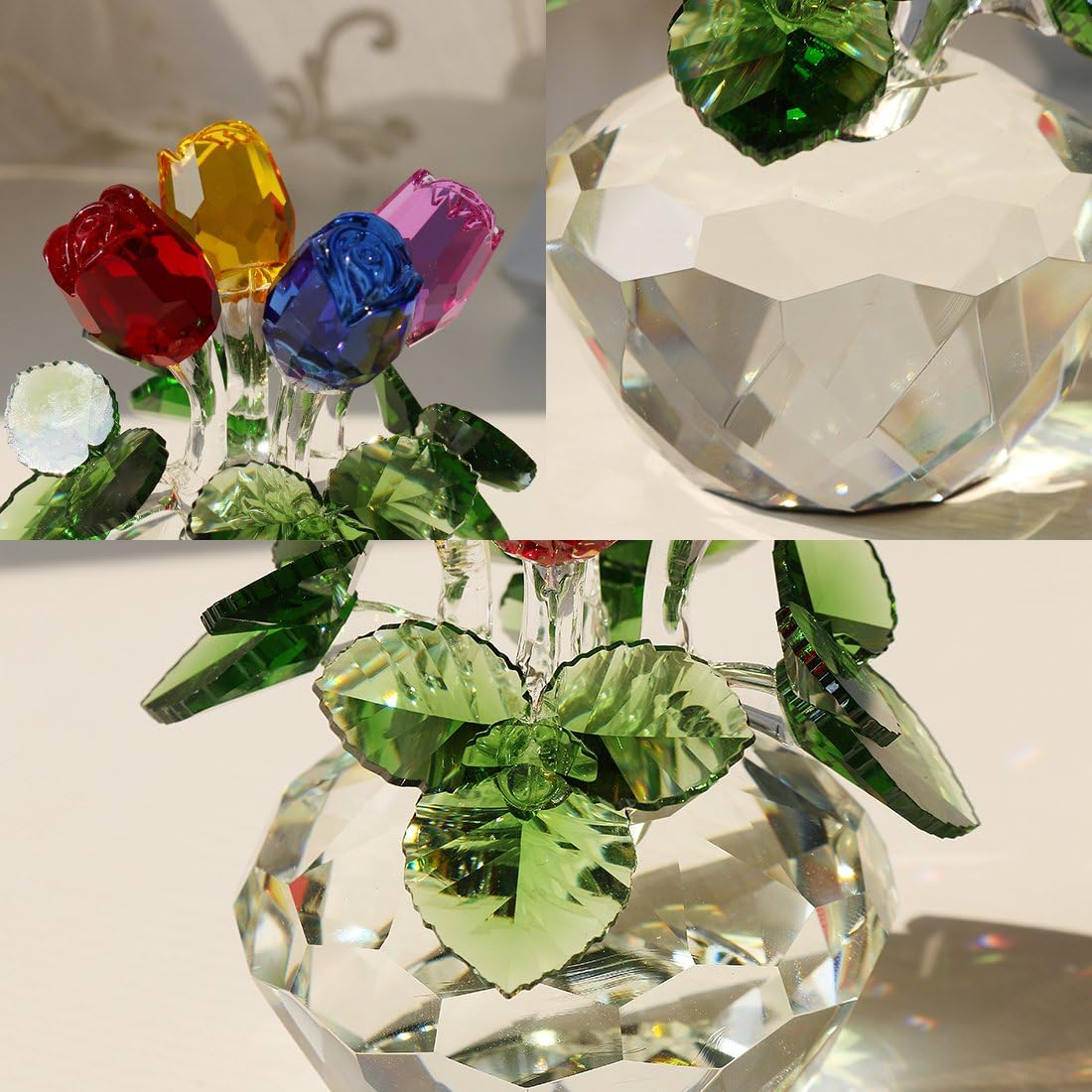 H&D Crystal Rose Figurines Collectibles Ornament Gift Crystal Rose Flower Bouquet with Gift Box : Home & Kitchen
