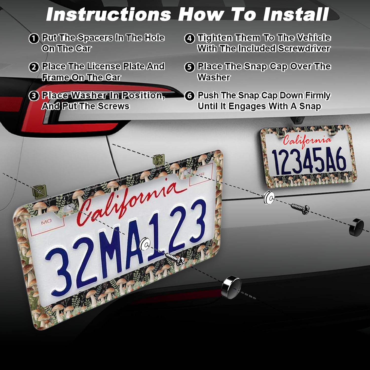 2Pcs Personalized Woodland Mushroom Meadow License Plate Frames - Colorful Stainless Steel Car Tag Holders with Screws, Universal Fit for US & Canada 12"x6" Plates, Vibrant Nature Decor image 4