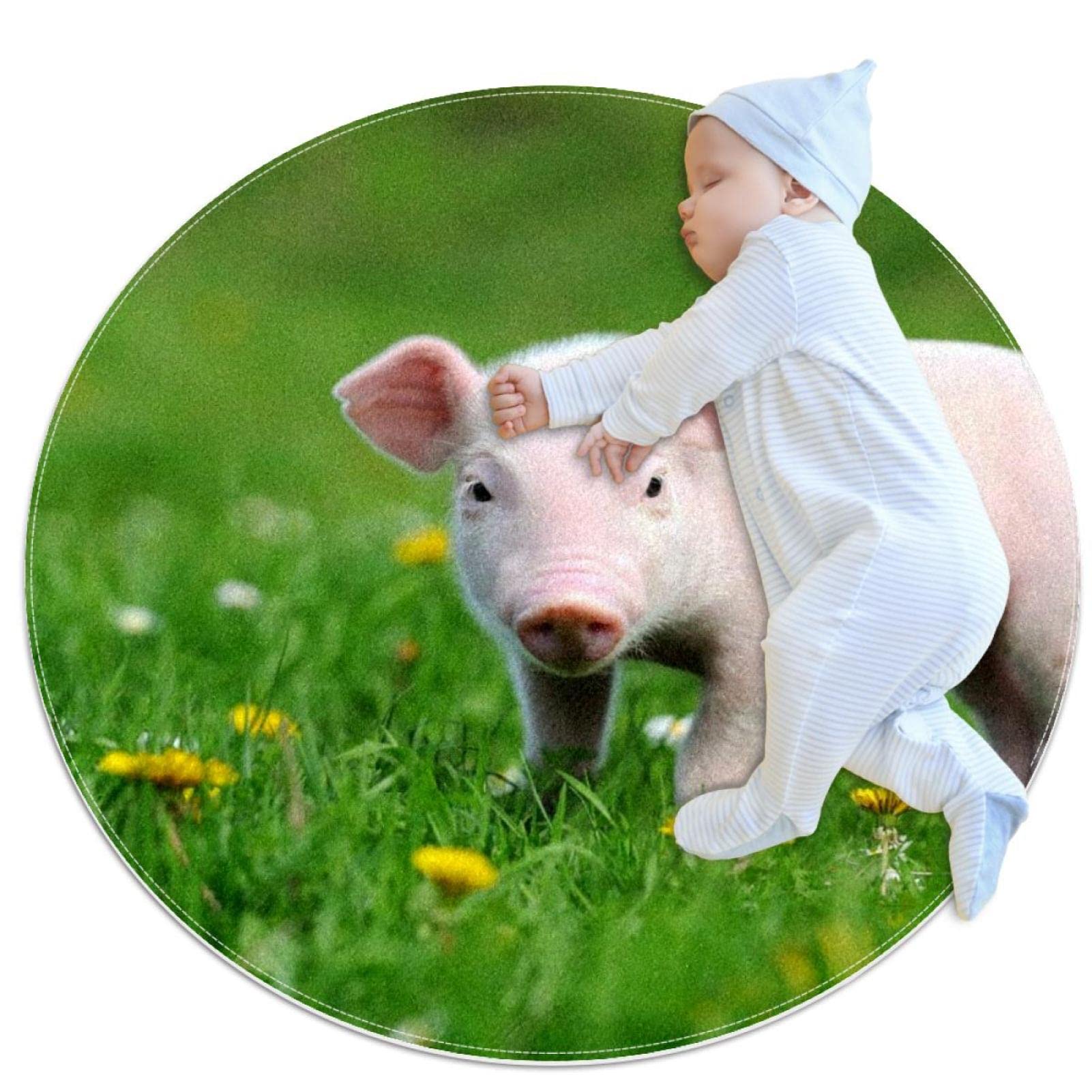 Tapis rond enfant cochon et fleurs lavable pour des jeux doux