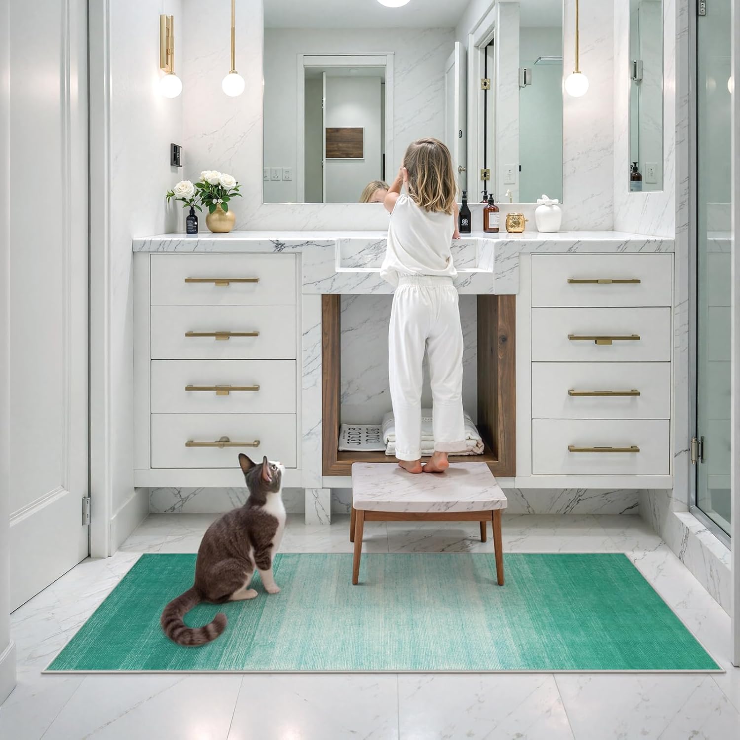 Wonnitar Teal Kitchen Runner Rugs 2x6 ft, Washable Modern Ombre Non-Slip Laundry Room Runner Rug, Abstract Bathroom Carpet Runner Low Pile Floor Carpet for Bedroom Doorway Entryway (Teal, 2'x6') - Image 3