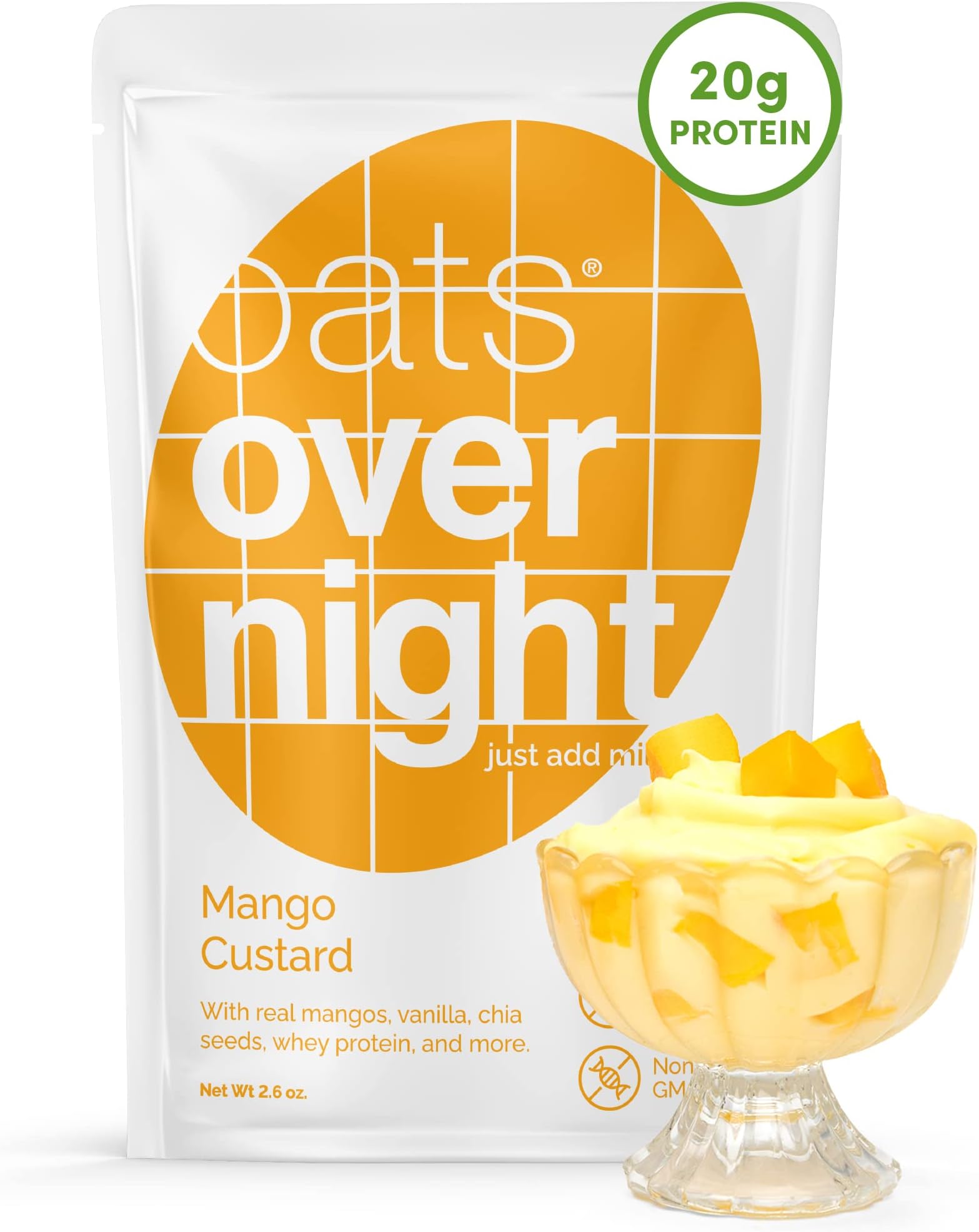 Oats Overnight Mango Custard - Overnight Oats with 20g Protein, High Fiber Breakfast Protein Shake - Gluten Free Oatmeal, Non GMO High Protein Oatmeal (2.6 oz per meal) (8 Pack)