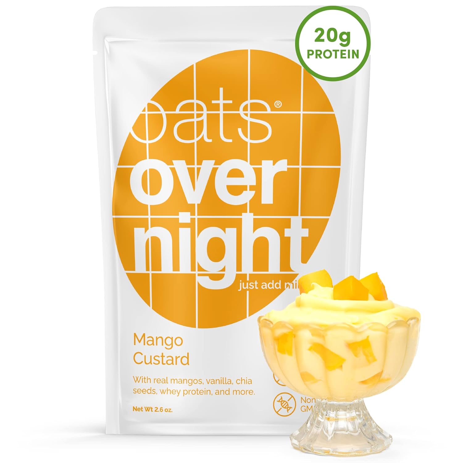 Oats Overnight Mango Custard - Overnight Oats with 20g Protein, High Fiber Breakfast Protein Shake - Gluten Free Oatmeal, Non GMO High Protein Oatmeal (2.6 oz per meal) (24 Pack)