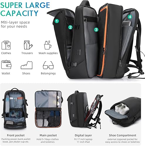 Miniatura 2 de TANGCORLE Mochila de transporte de viaje, expandible de 45 litros para aprobación de vuelo, mochilas resistentes al agua para laptop de 17.3