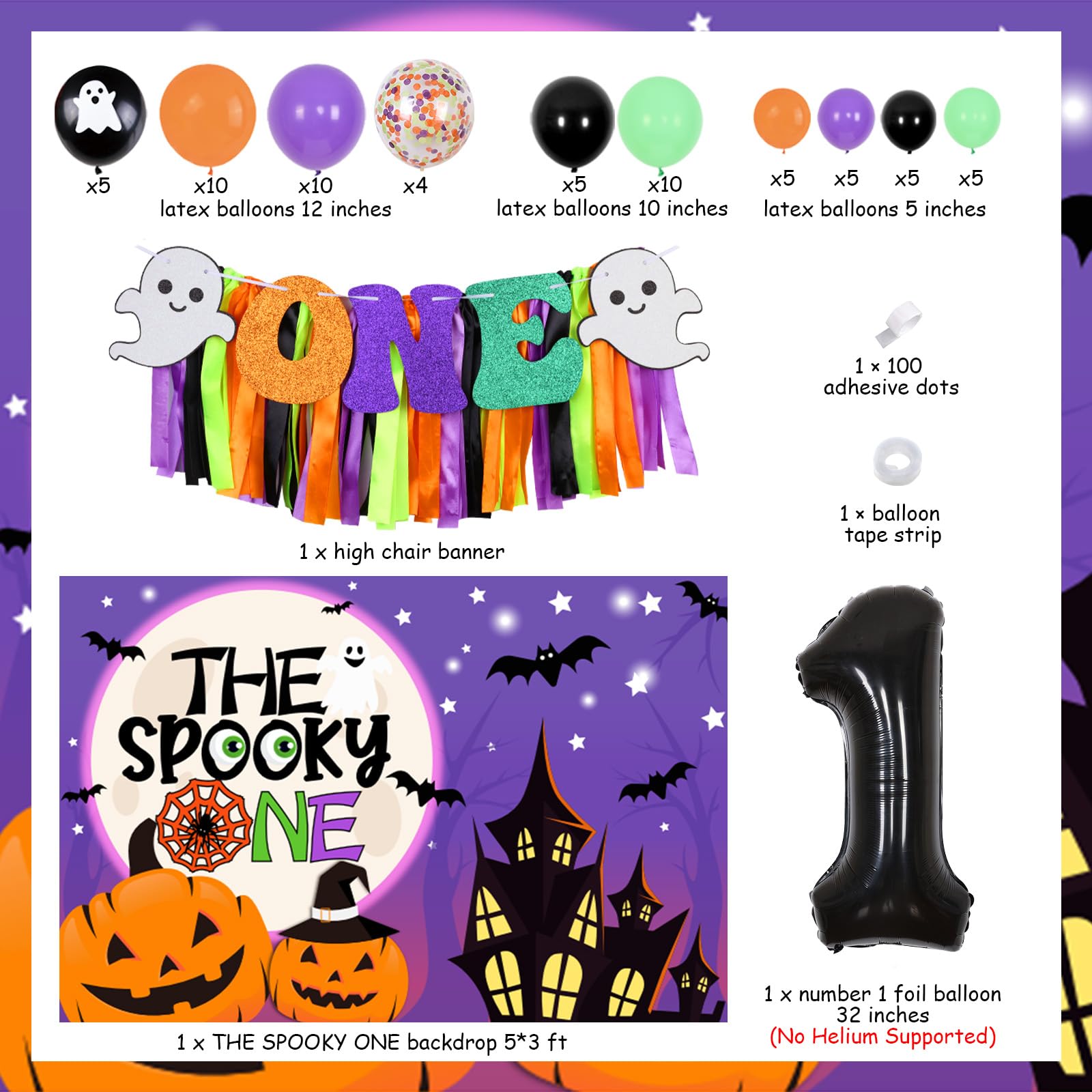 Spooky One Halloween 1st Birthday Decorations Kit - Balloon Arch, Backdrop & Highchair Banner