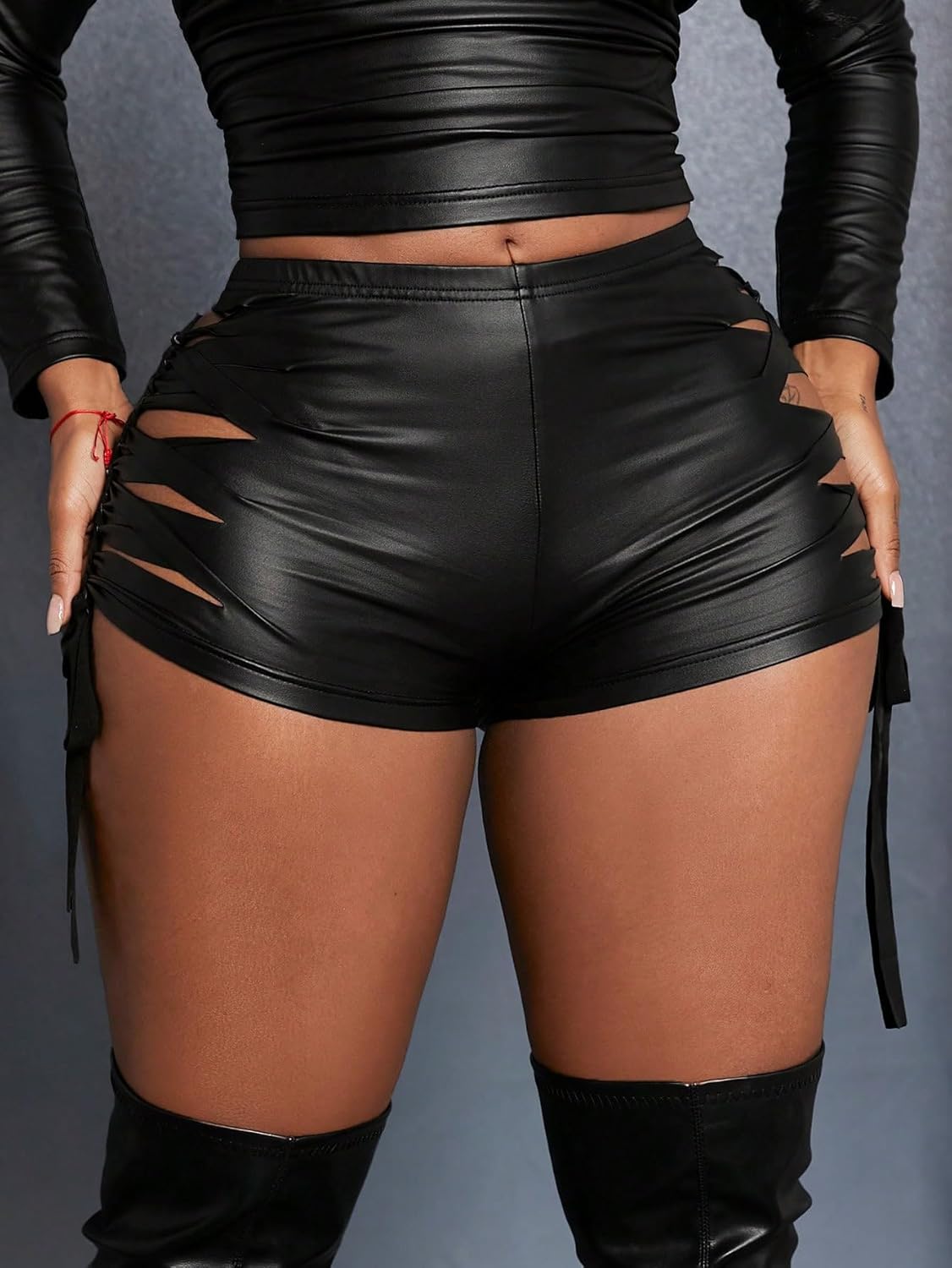 OYOANGLE Women's Pu Leather High Waisted Cut Out Skinny Stretch Biker Yoga Party Shorts - Image 5