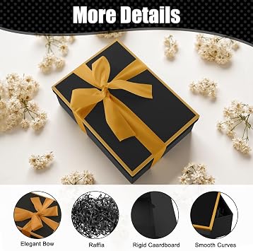 Black Gift Box with Lid, Premium Present Box with Shredded Paper Ribbon Greeting Card Large Gift Box for Weddings, Birthdays, Anniversaries, 25x18x8.5cm (Black )