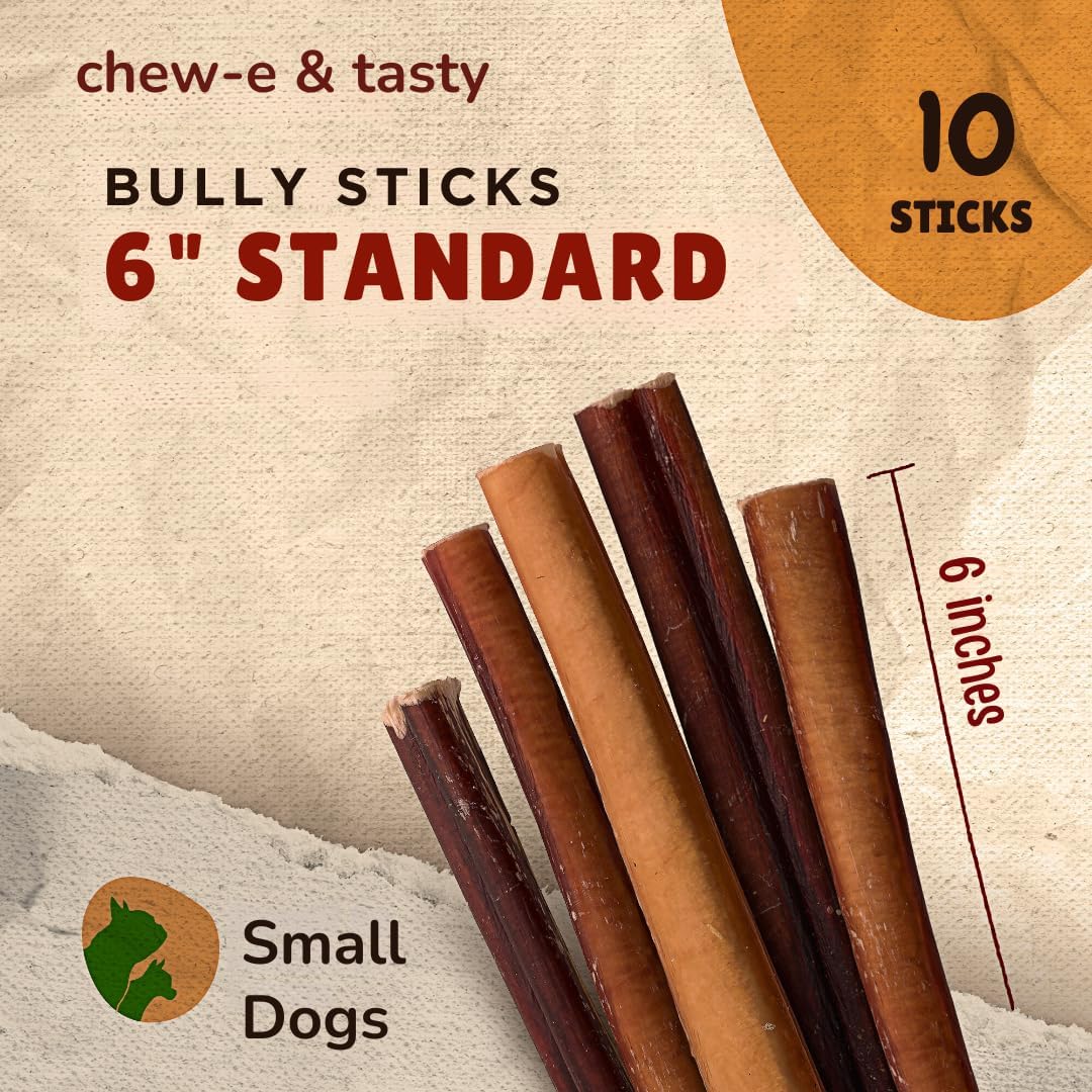 chew-e&tasty 6 Inch Bully Sticks for Dogs (Pack of 10) – Odor-Free, Natural & USDA Certified Dog Chews – Bully Sticks for Small & Medium Dogs, Fully Digestible, High Protein Treats