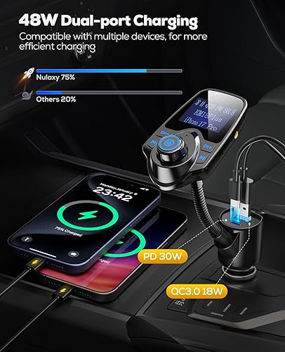 Miniatura 2 de Nulaxy Versión actualizada KM18 2026 Adaptador de coche Bluetooth 5.4 de 48 W con puertos de carga rápida PD 30 W y QC3.0 18 W, compatible con