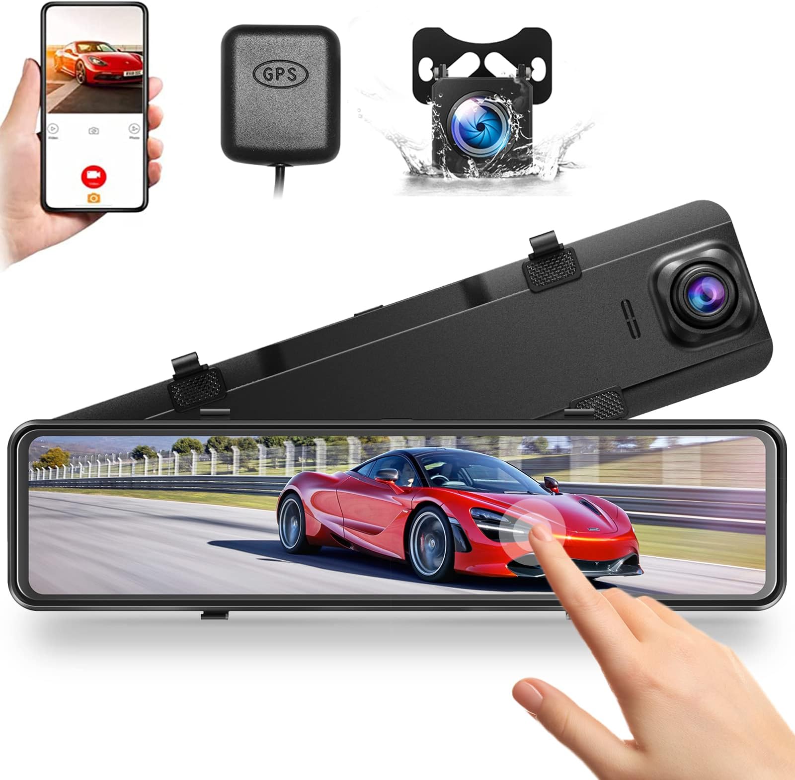 Upgraded 4K Mirror Dash Cam with WiFi, UHD Full Touch Screen Front and Rear View Mirror with GPS Tracking Voice Control Waterproof Reverse Backup Camera Enhanced Night Vision Parking Assistance