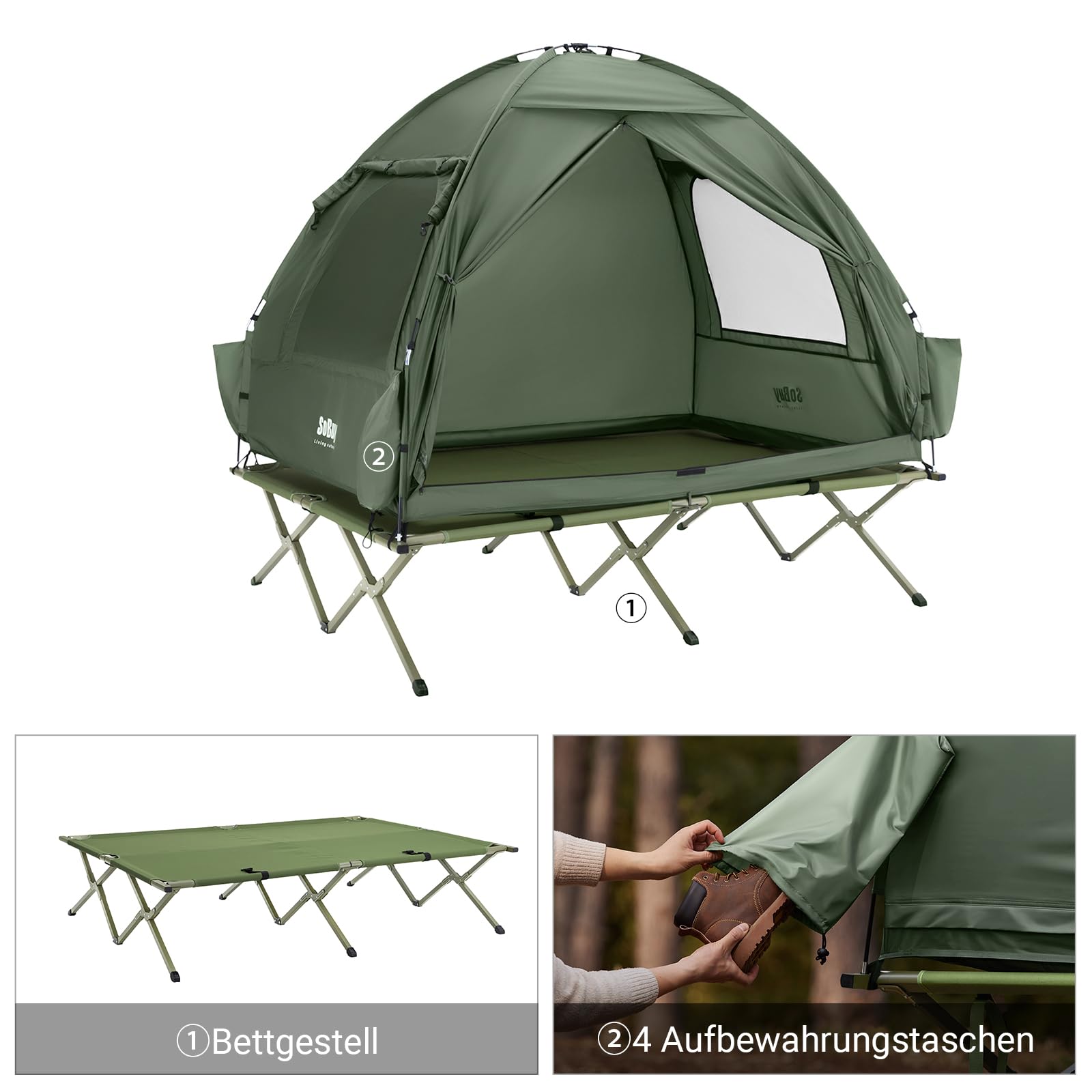 SoBuy Feldbett mit Zelt Grün 4in1 Zelt auf Stelzen mit Rolltasche Wasserdichtes Campingbett Outdoor Campingliege Familienzelt ohne Matratze Angelzelt Grün