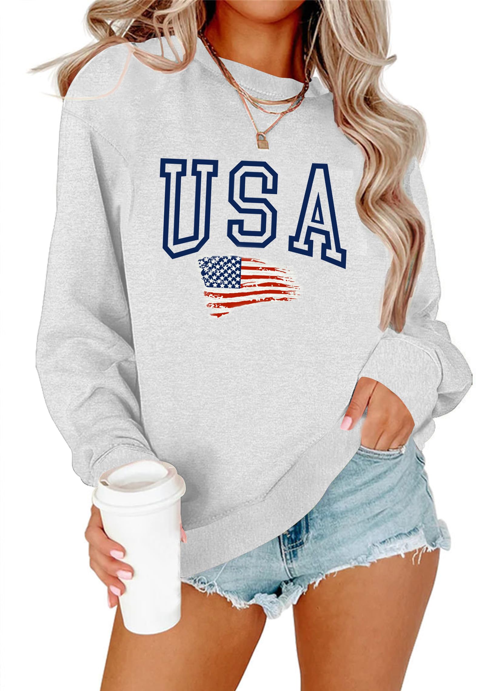 Lacozy Womens USA Sweatshirt Long Sleeve Crew Neck 4th of july shirts Casual American Flag Sweater Loose Fit Pullover Tops
