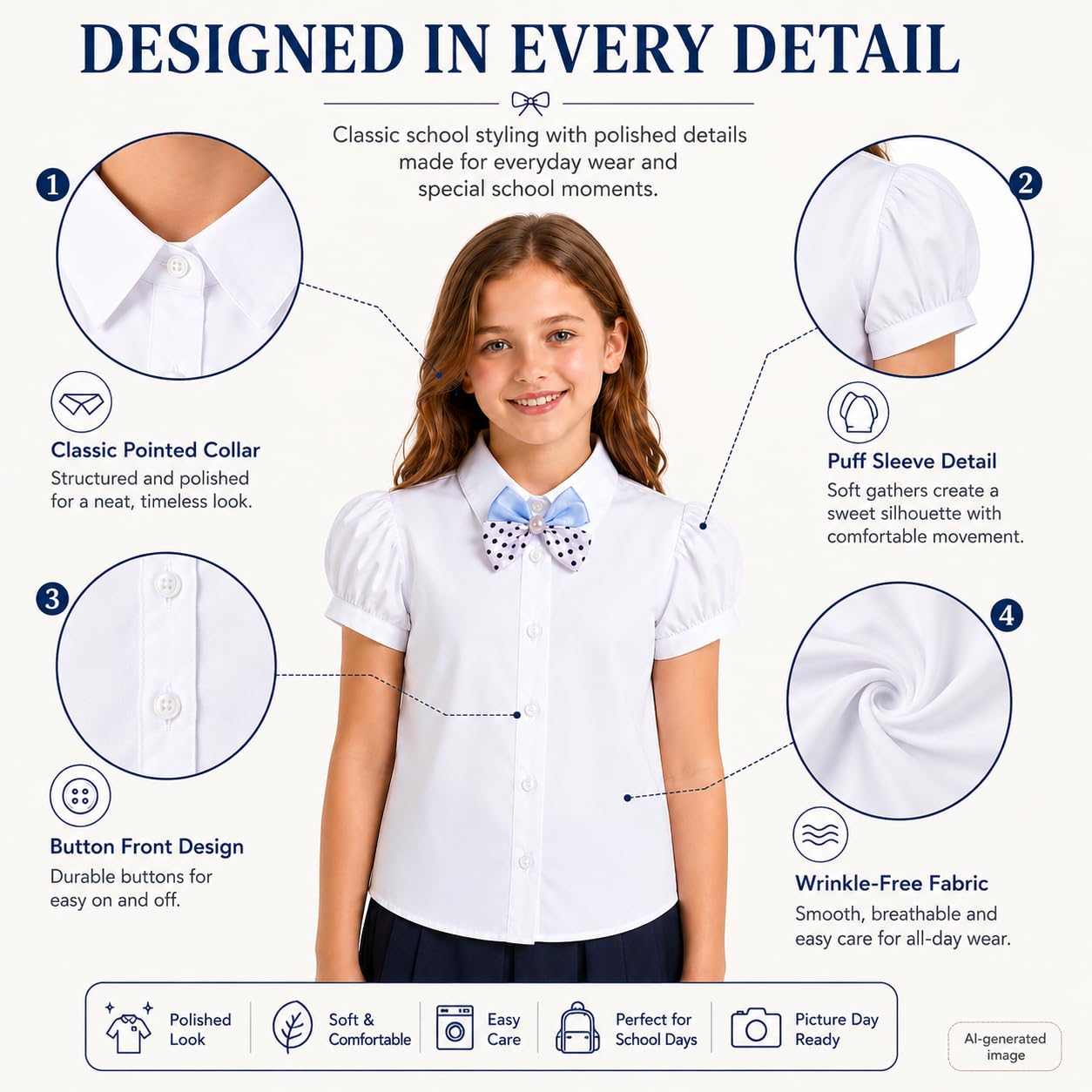 Bienzoe Fille Oxford Manche Courte Chemisier nœud Papillon Pack