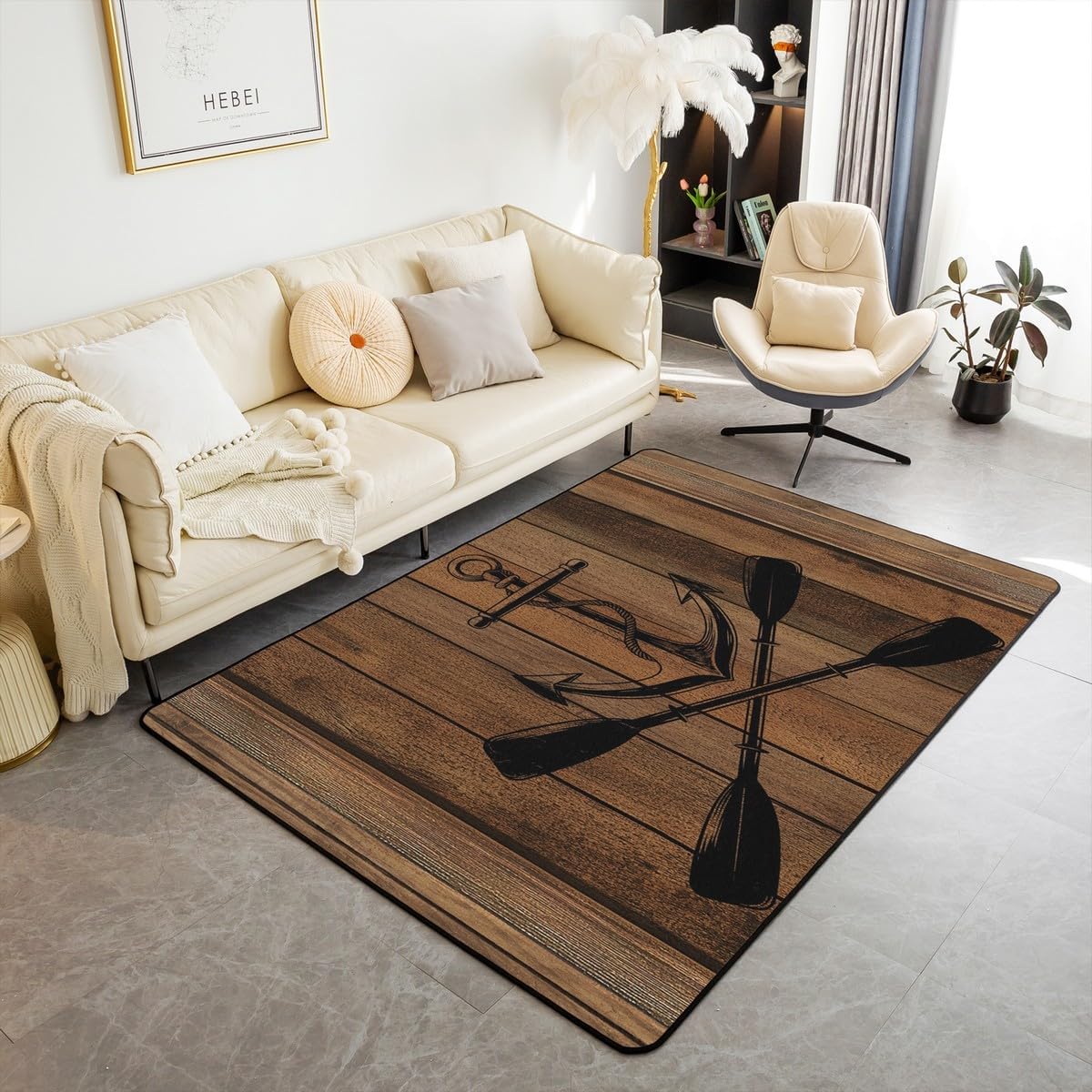 Lake Life Paddle Go Boating Theme Area Rug 3'x5',Nautical Anchor Decor Non Shedding Rug,Green Rustic Farmhouse Wooden Board Decorative Carpet for Playroom Bedroom Dining Room