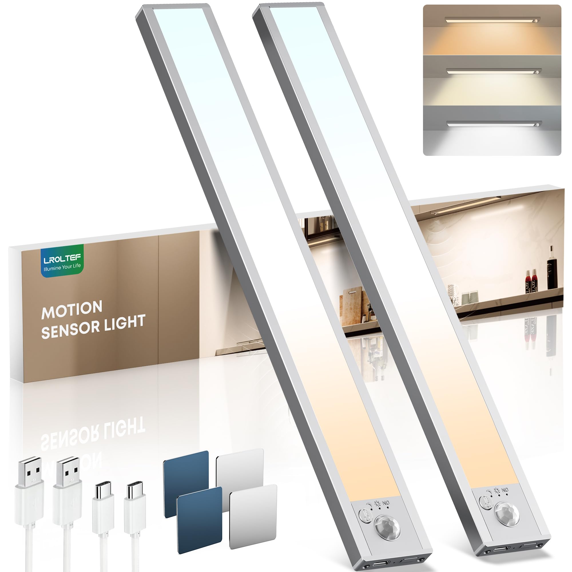 LROLTEF Cabinet Kitchen Lights Motion Sensor Dimmable 40cm 2200mAh 3 Color Temperature LED Under Counter USB-C Rechargeable Wardrobe Sensor Indoor Night Lights for Kitchen Shelf Stairs Closet 2 Pack — image 1