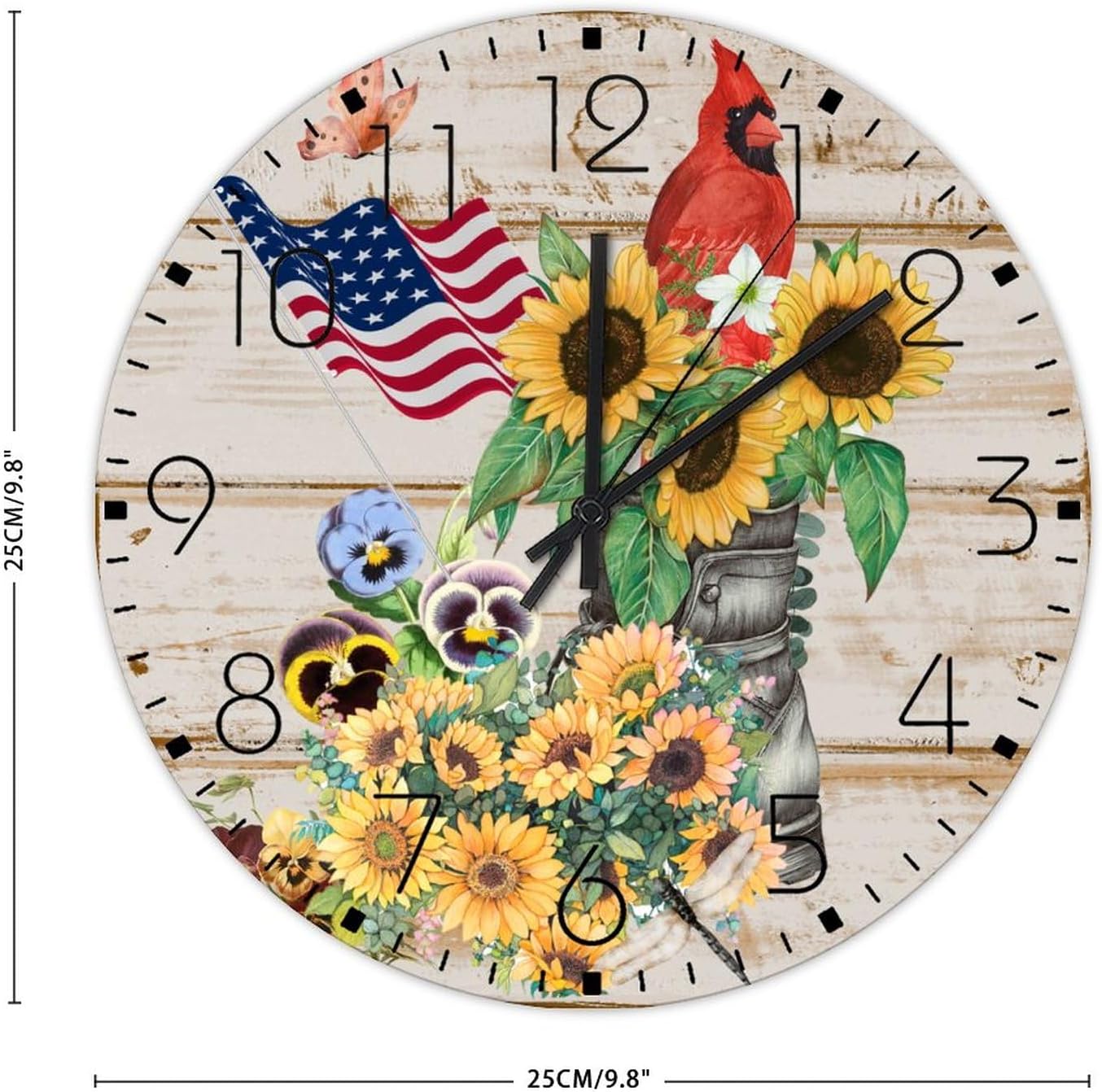 Silent Wall Clock Non-Ticking Sweep Movement 4th of July Patriotic Sunflower Cardinal Rustic Wall Clocks Seasonal Red Bird Butterfly Home Decor for New Home Living Room Auto Shop 10 Inch