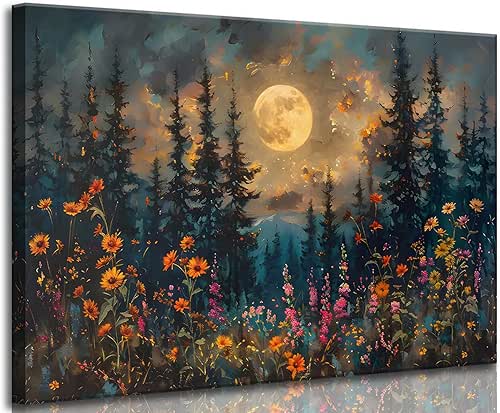 Full Moon Forest Canvas Wall Art Moonlit Pine Tree Mountains