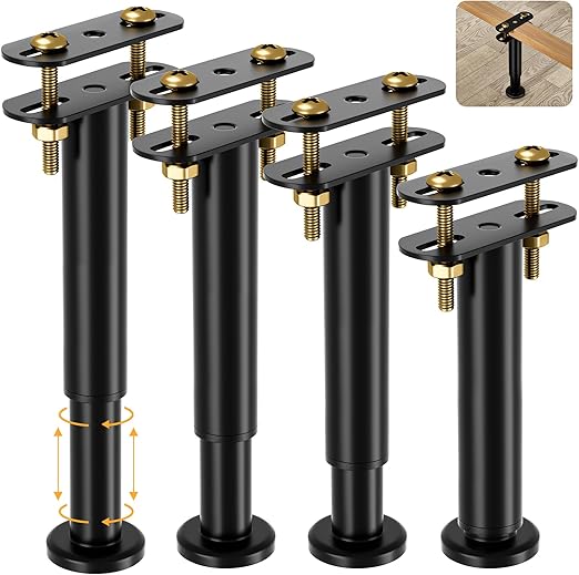 VETIN 4Pcs Adjustable Height Bed Support Legs 7.08-12.6 inch, Extra Durable Steel Bed Frame Support Legs with Wider Base, Bed Slat Support Leg for Heavy Duty/Wooden/King/Queen Bed Frame