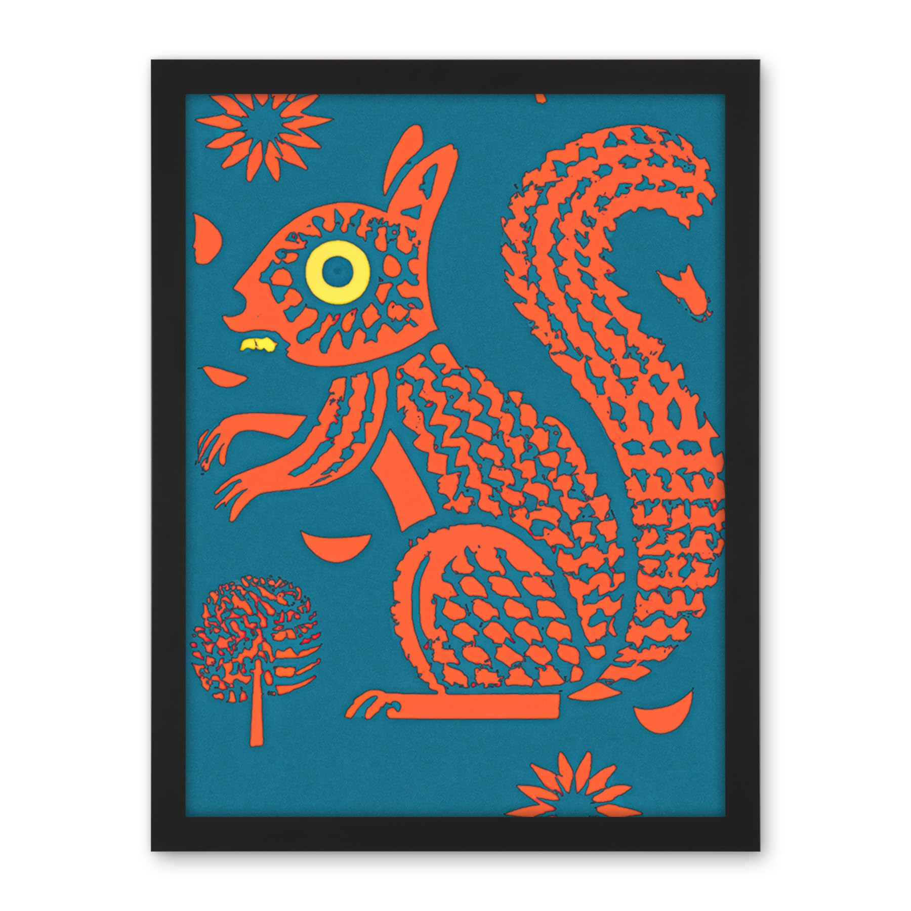 Artery8 Squirrel Colour Block Modern Folk Art Linocut Artwork Framed Wall Art Print 18X24 Inch
