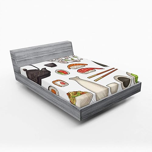 Miniatura 51 de Ambesonne Sábana bajera ajustable con diseño de videojuegos, rayas rojas, diseño retro de los años 90, diseño geométrico, ropa de cama de tela Crema