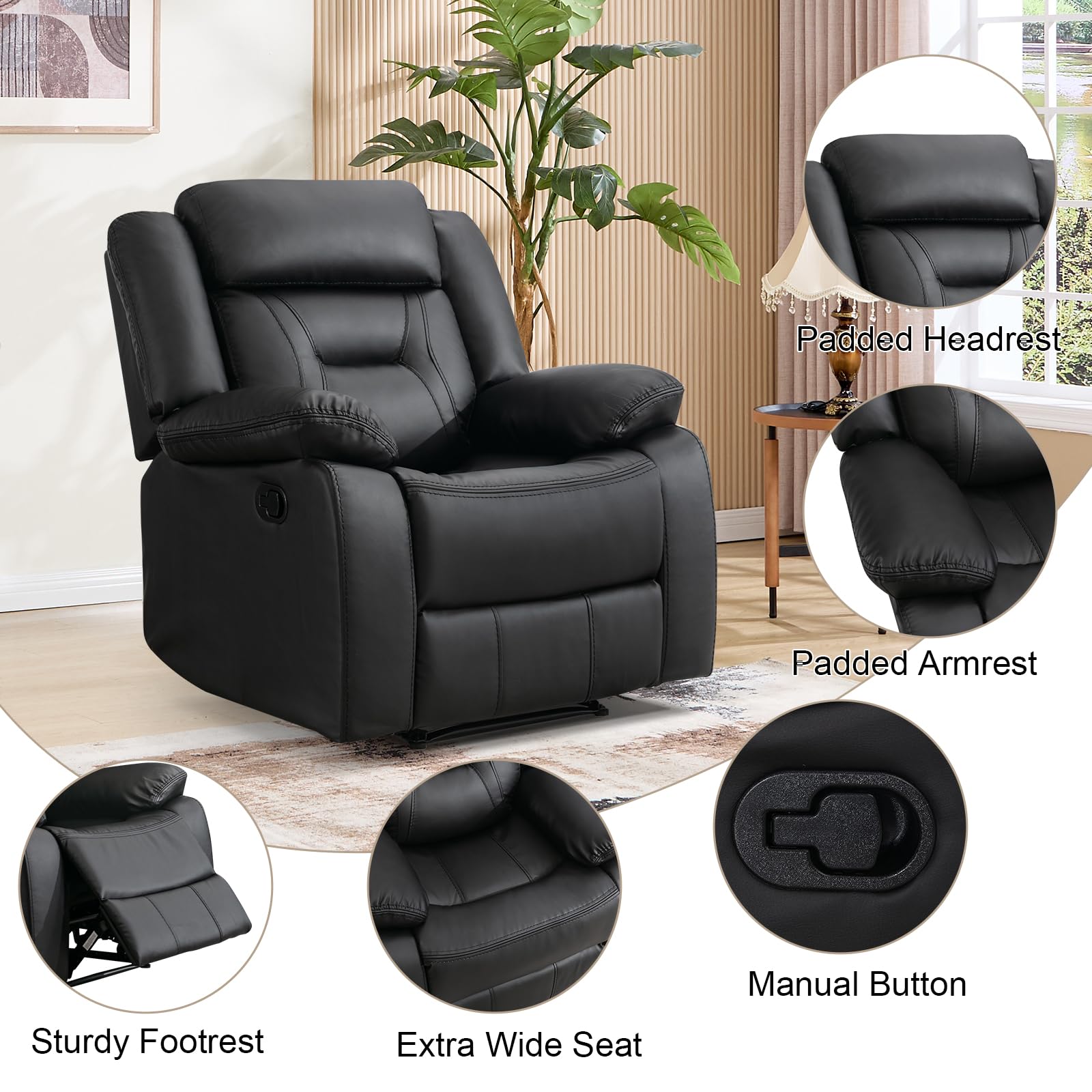 EBELLO Faux Leather Manual Recliner Chair, Modern Design Single Reclining Sofa Chair with Comfortable Armrest and Backrest, Furniture for Living Room, Bedroom, Black view 3