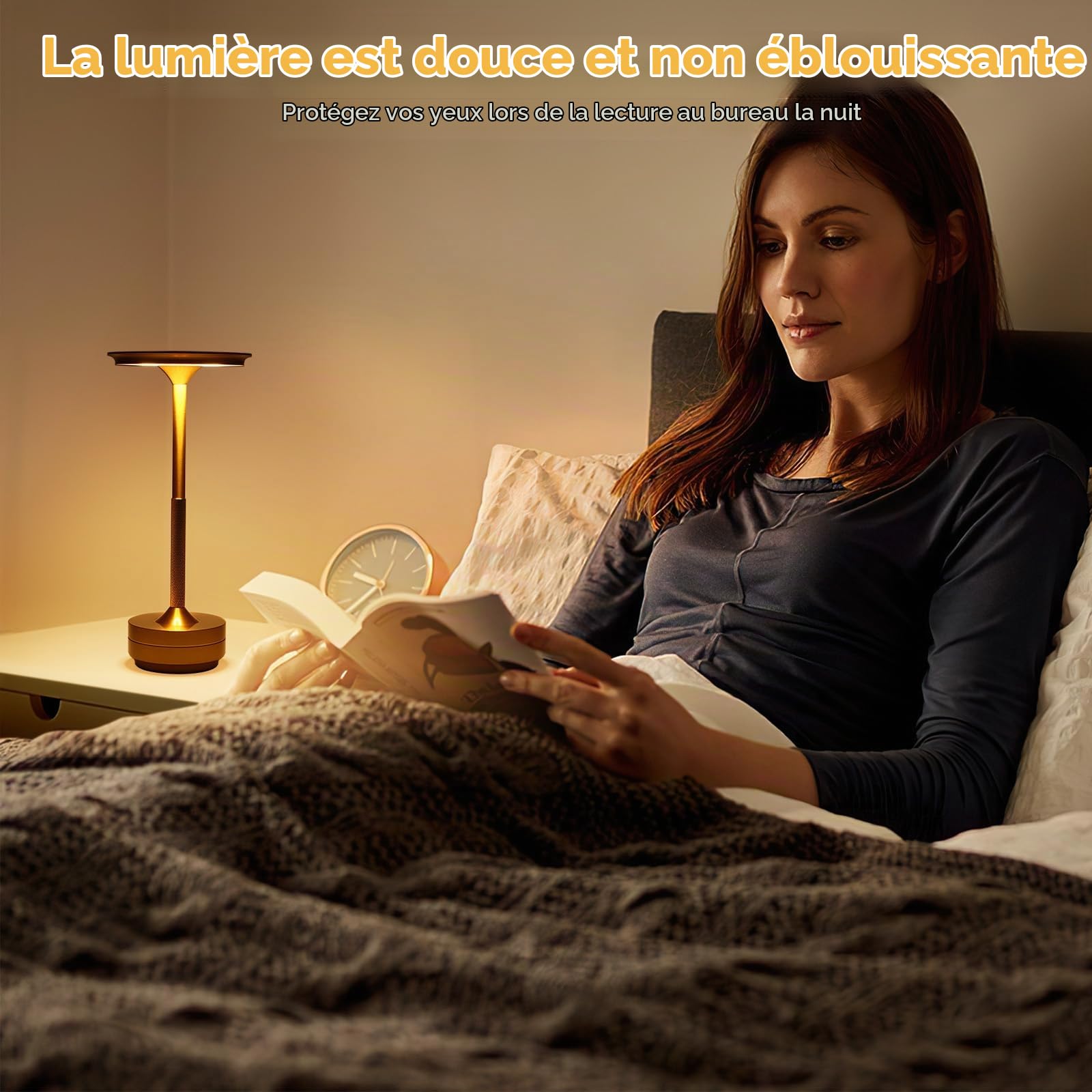 Lampe de chevet avec commande tactile, lampe de bureau LED sans fil, charge USB portable, 3 couleurs d'éclairage à intensité variable pour chambre à coucher, bureau, salon, bar, restaurant, cadeau