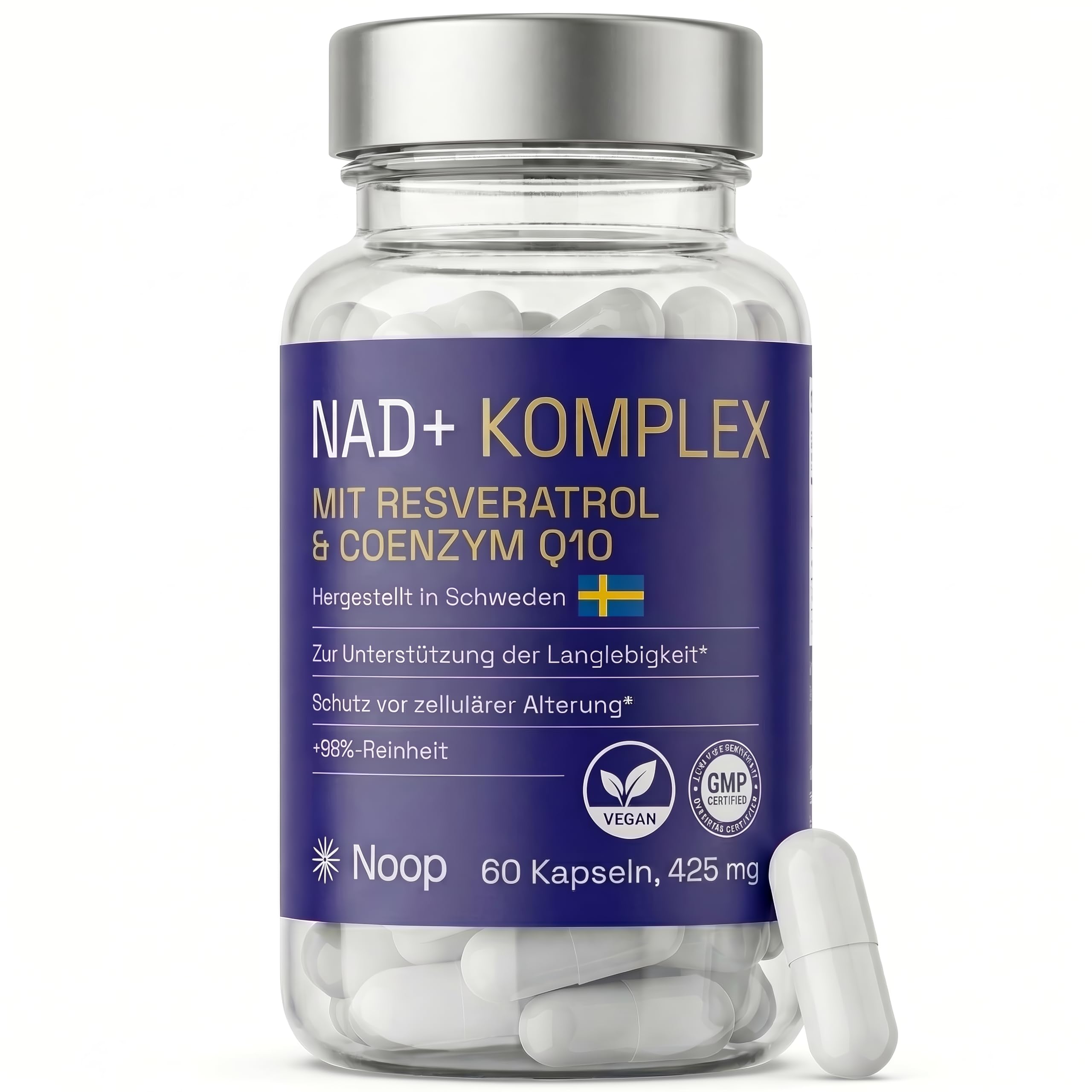 NOOP NAD Plus Kapseln Hochdosiert 900mg Premium NAD+ Komplex mit Trans-Resveratrol & Coenzym Q10 - Anti Aging Supplement mit 60 Vegane Kapseln und Laborgetestet, Made in Schweden