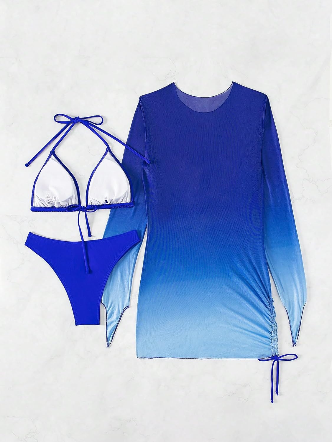 SHENHE Women's 3 Piece Swimsuit Halter Triangle Bikini Set with Ombre Long Sleeve Cover Up Dress