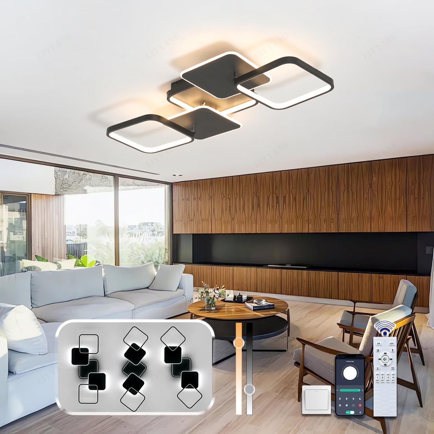 Kreative LED Deckenleuchte Dimmbar Deckenlampe Wohnzimmer Schlafzimmerbeleuchtung Mit Fernbedienung APP Decke Licht Moderne Variable Form Deckenbeleuchtung für Esszimmer Küche Büro (Schwarz, Quadrat)