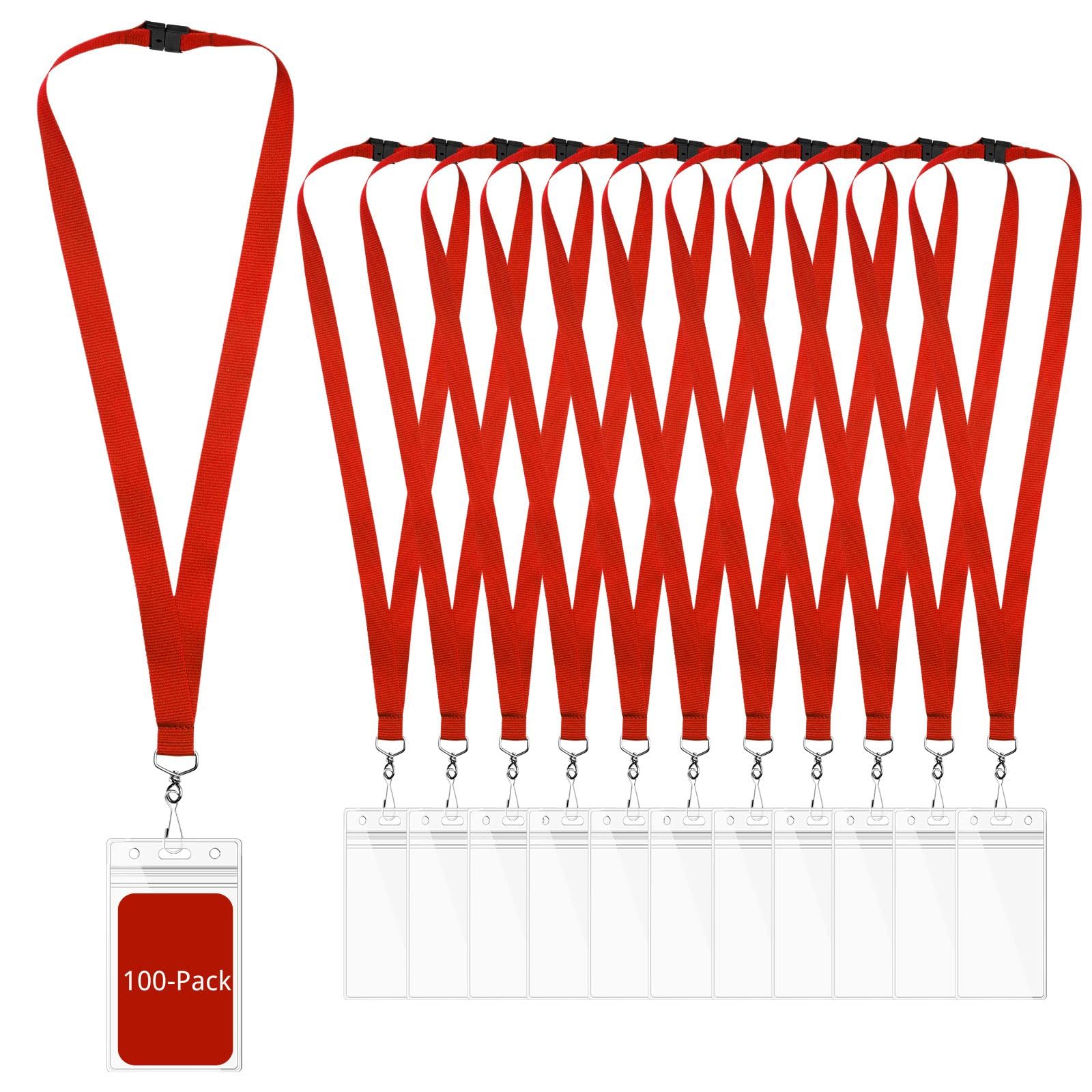 WEZEBEL 100-Pack Red Breakaway Lanyards with Waterproof Badge Holders, Polyester Neck Straps for ID Cards, Events, Office, and Schools