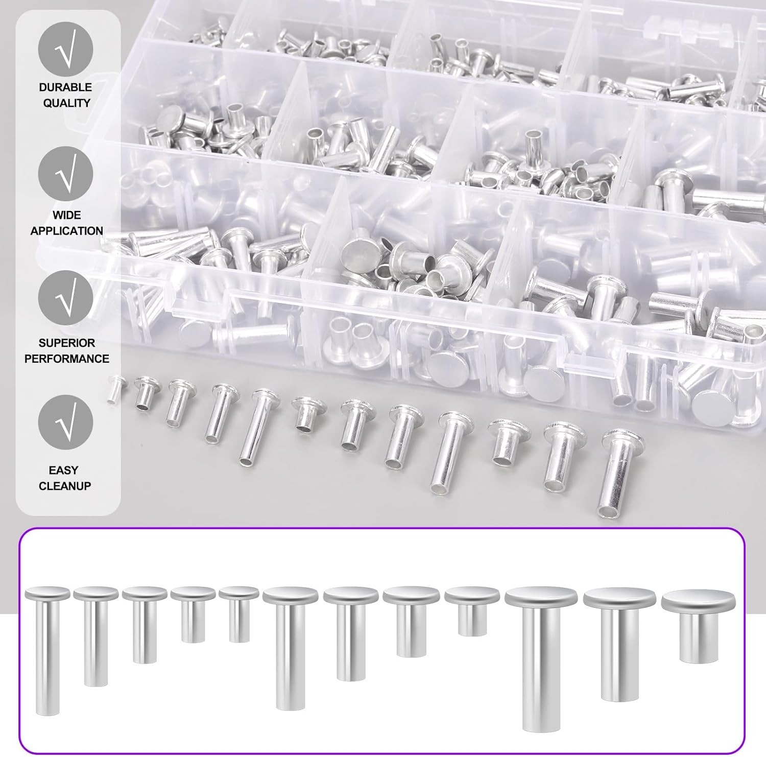 Swpeet 390Pcs 12 Sizes M3 M4 M5 M6 Aluminum Flat Head Semi Tubular Rivets Assortment Kit, Round Flat Head Semi Tubular Rivets in Silver Tone for Craft Repairs and Decoration