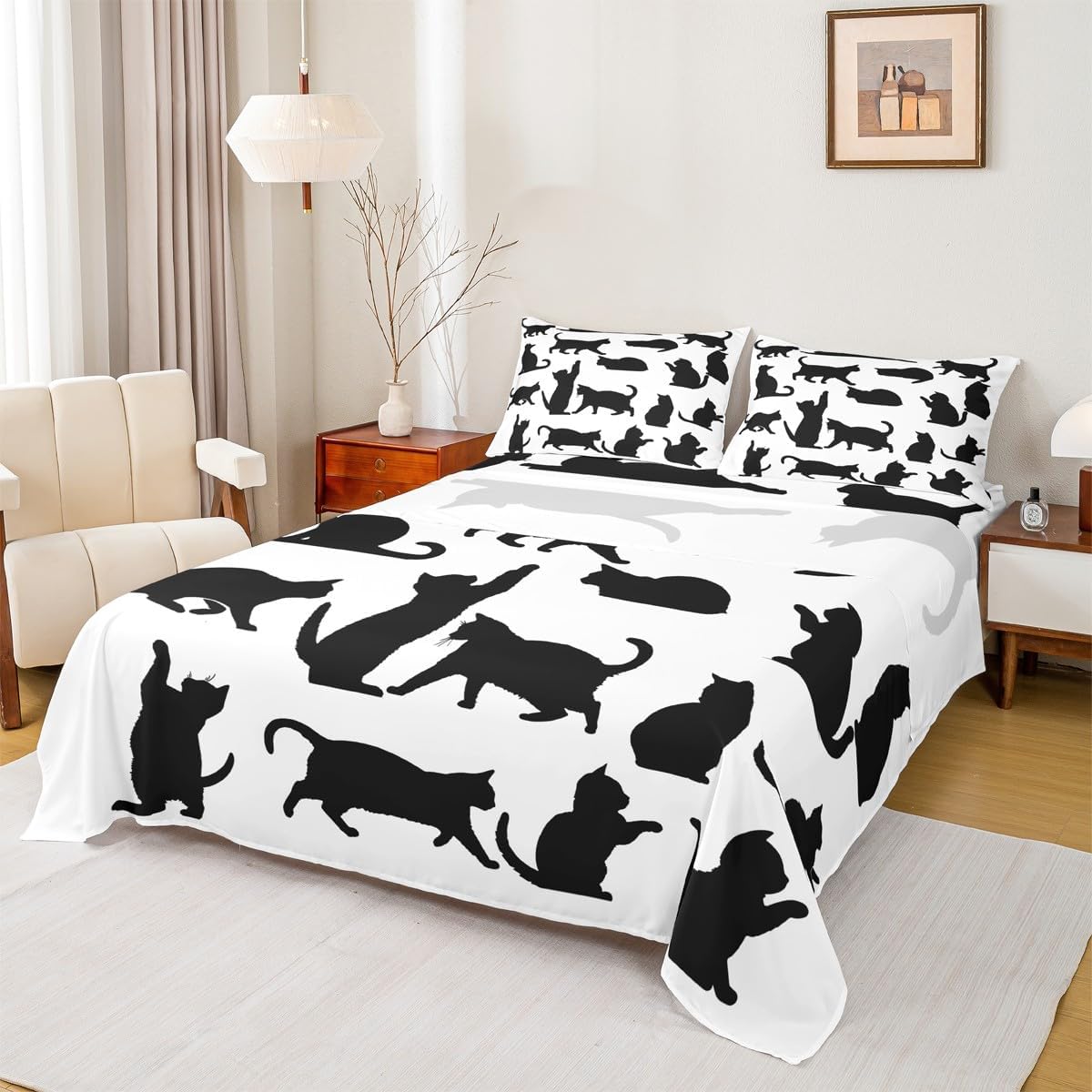 Cute Cat Pattern Bed Sheet Queen Set Cat Silhouette Sheets Sets Adults Bedroom Decor Pink and Gray Microfiber Bed Sheets with Flat,Fitted Sheet,2 Pillow Cases