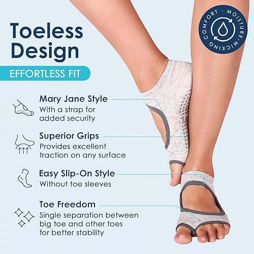 Miniatura 2 de Tucketts Calcetines de pilates sin dedos con agarres para mujer, calcetines antideslizantes de yoga y barra para estabilidad y entrenamientos