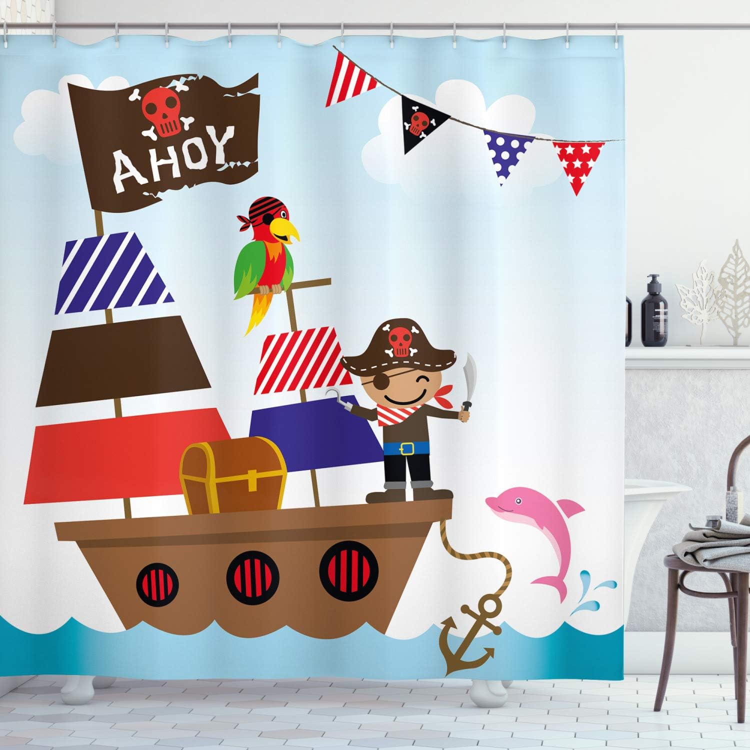 Ambesonne Reveal Party Shower Curtain, Pirate Treasure Chest Ship on Ocean Background Illustration Cartoon Ahoy, Cloth Fabric Bathroom Decor Set with Hooks, 69" W x 75" L, Blue Brown