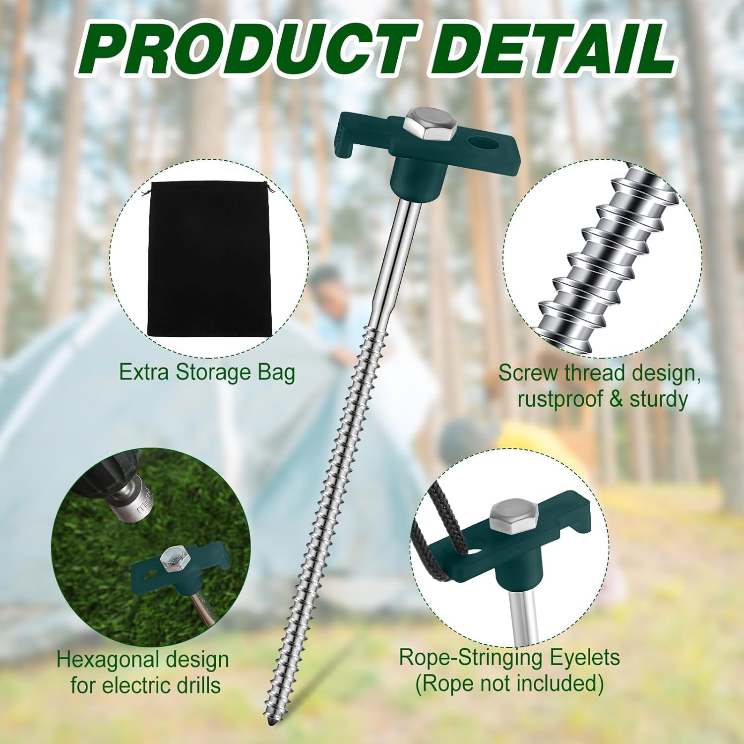 Tandefio 20 Pcs 8 Inch Screw in Tent Stakes Heavy Duty Drill in Ground Anchor Pegs Metal Stakes Screws Hex Pegs Drillable Camping Threaded Tent Spike with Hex Head Driver (Green)