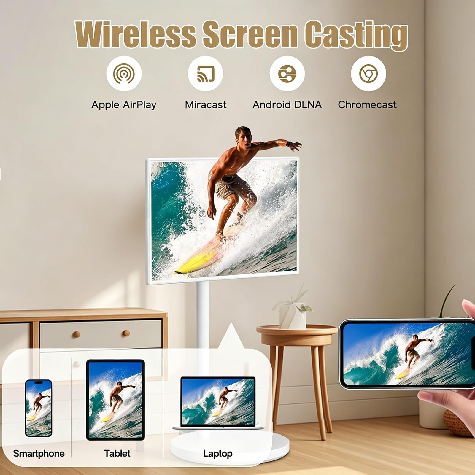 21,5 Pollici TV Portatile con Piedistallo,Monitor Touchscreen con Ruote,Display All-In-One con Inclinazione e Rotazione,Batteria Integrata 5 Ore per Soggiorno,Camera da Letto,Ufficio Domestico