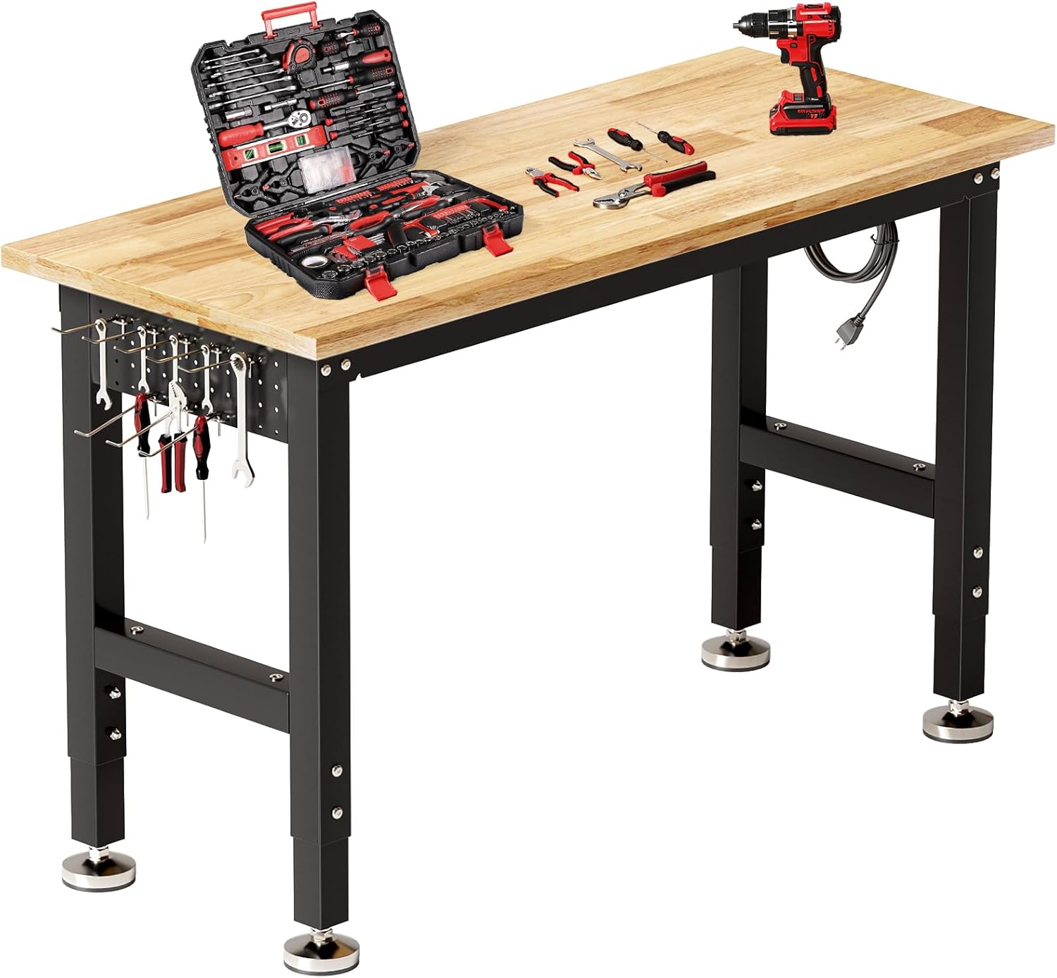 TLGREEN 48" Adjustable Work Bench with Power Outlet, Rubber Wood Top Work Table, Heavy Duty Work Bench, 2000 LBS Capacity, Workbench with Pegboard, Hooks, Garage Workbench for Workshop,Home,Office