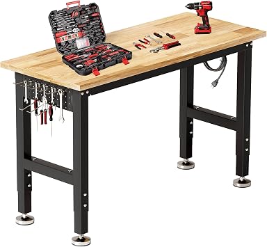 TLGREEN 48" Adjustable Workbench | Solid Rubberwood Top | 2000lbs Heavy-Duty Work Table | Pegboard, Hooks & Power Outlets | Garage, Workshop, Office