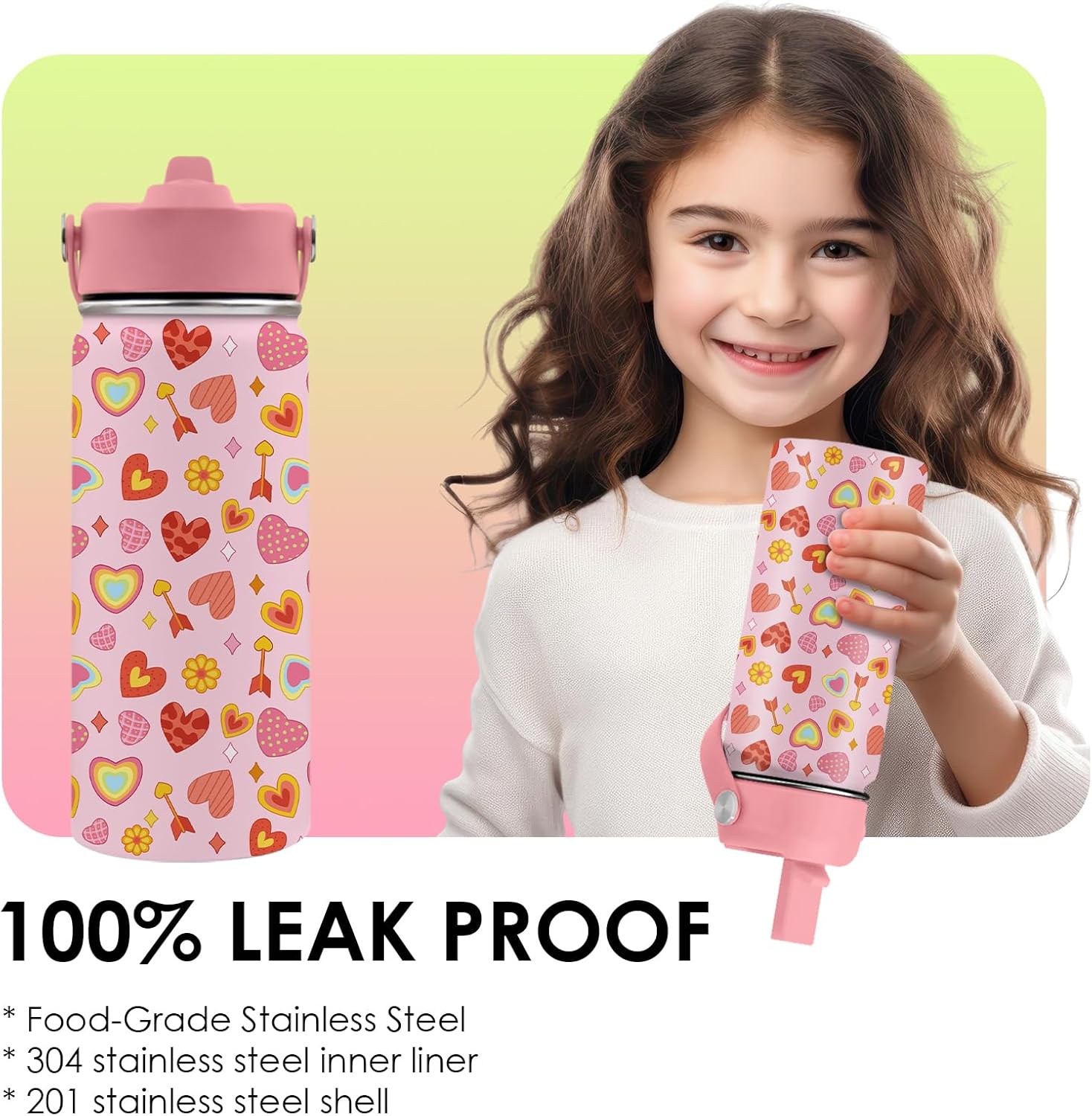 Heart Gifts for Kids - 16 Oz Kids Water Bottle with Straw Lid, Stainless Steel Insulated Tumbler, Leak Proof, BPA-Free, for Girls, School, Travel - Heart Pattern Children Birthday Gifts Cups(1pc) - Image 6