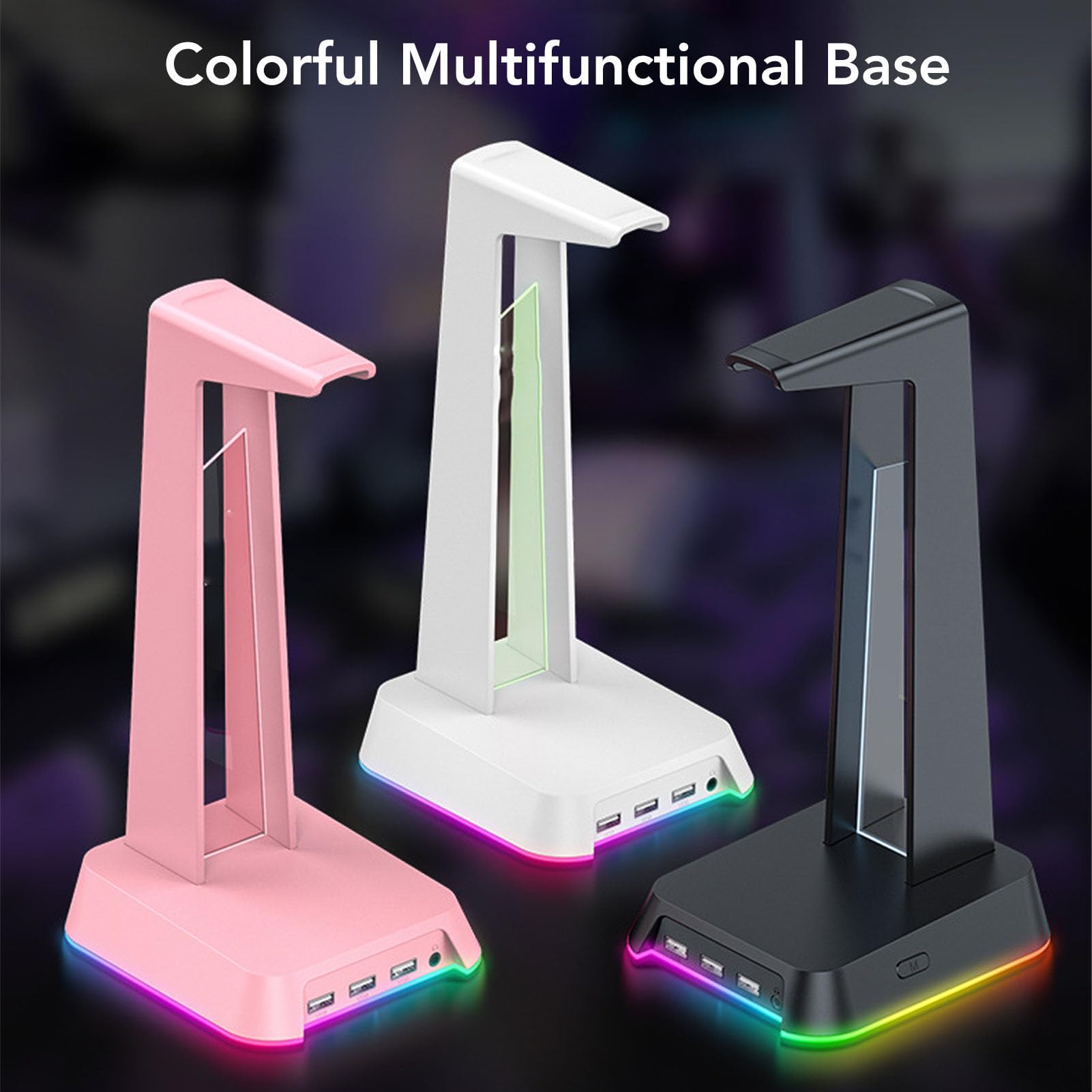 PUSOKEI Supporto per Cuffie da Gioco Multifunzionale |Porta USB Supporto per Cuffie da Scrivania con Illuminazione Colorata per la Casa (PINK)