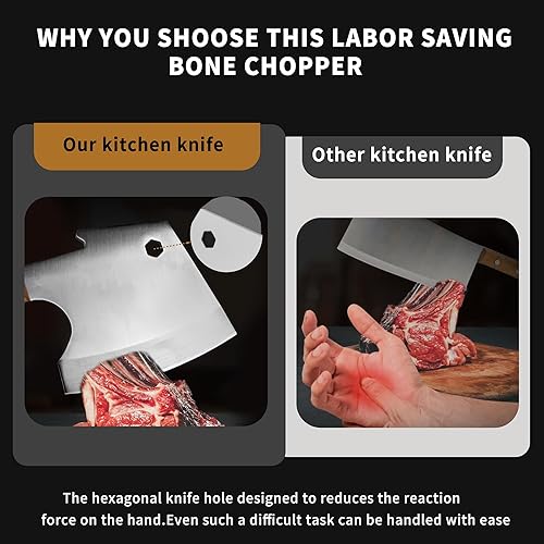 Miniatura 9 de Kitory Cuchillo de carnicero de alta resistencia con forma de hachas súper pesado y grueso, cuchillo de carnicero profesional, cuchillo de cocina