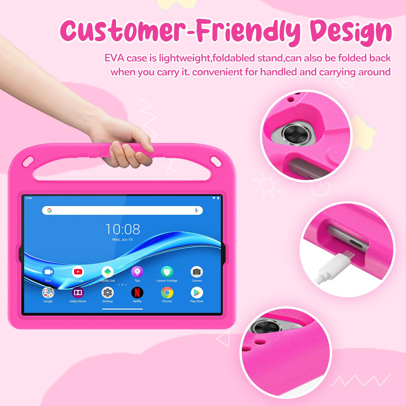 Custodia per Lenovo Tab M10 FHD Plus 10.3 Pollici TB-X606F/TB-X606X, Leggera Antiurto Cover per Bambini con Cavalletto e Spallacci, per Lenovo M10 FHD Plus 10.3" Modello 2020 Tablet, Rosa